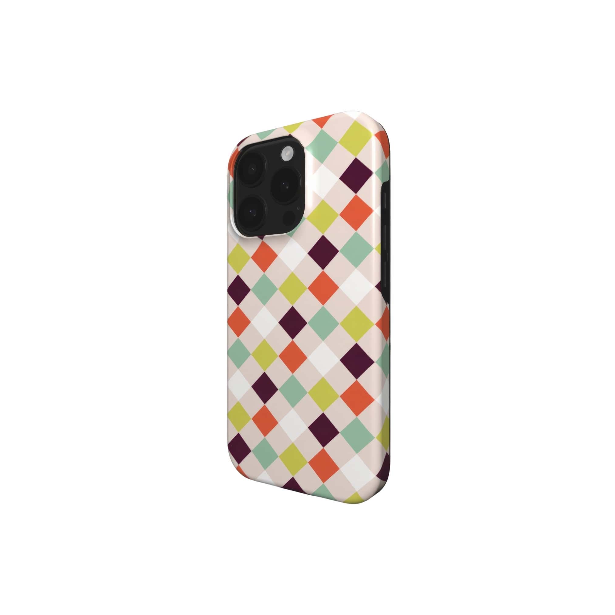 Tough phone case Wonder Chess 3 pattern design with a dynamic geometric symmetry in chess style, featuring an elegant and expressive aesthetic design. Main colors are mint, red, deep purple and yellow green. Side view.