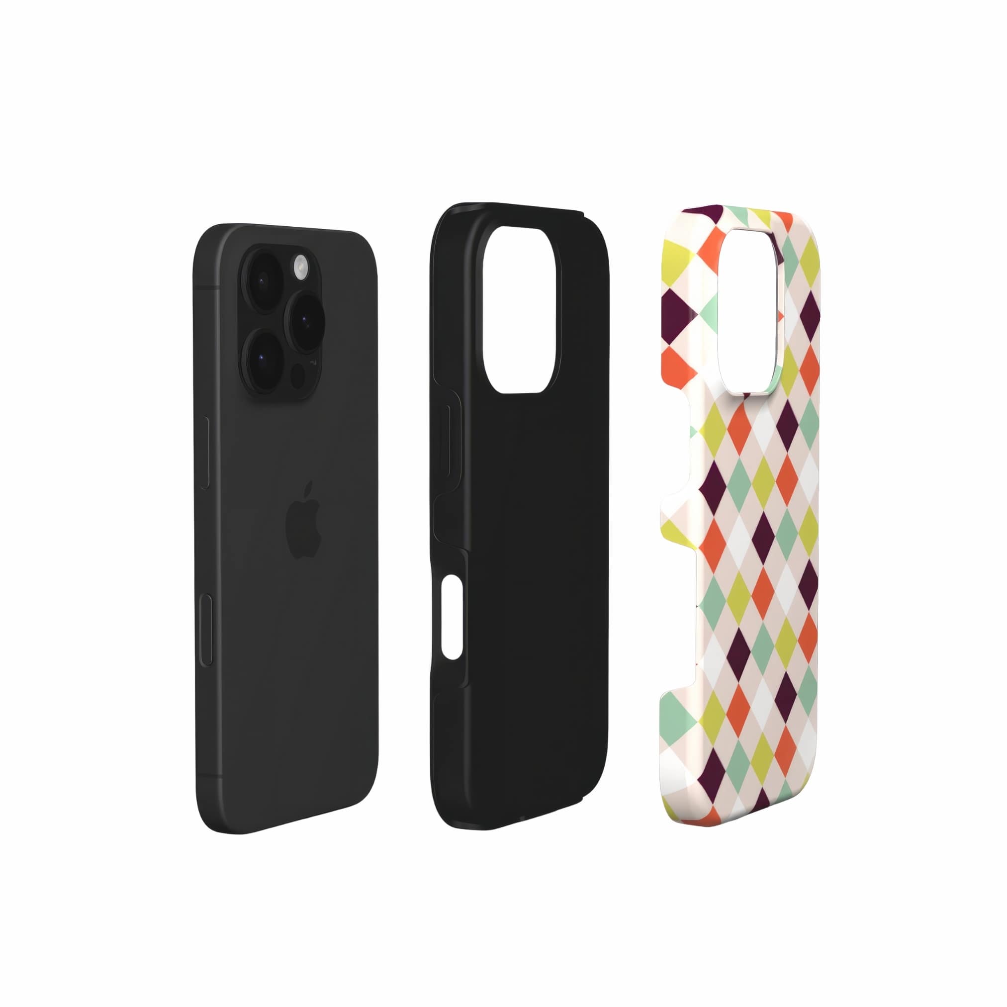 Tough phone case Wonder Chess 3 pattern design with a dynamic geometric symmetry in chess style, featuring an elegant and expressive aesthetic design. Main colors are mint, red, deep purple and yellow green. Extend view.