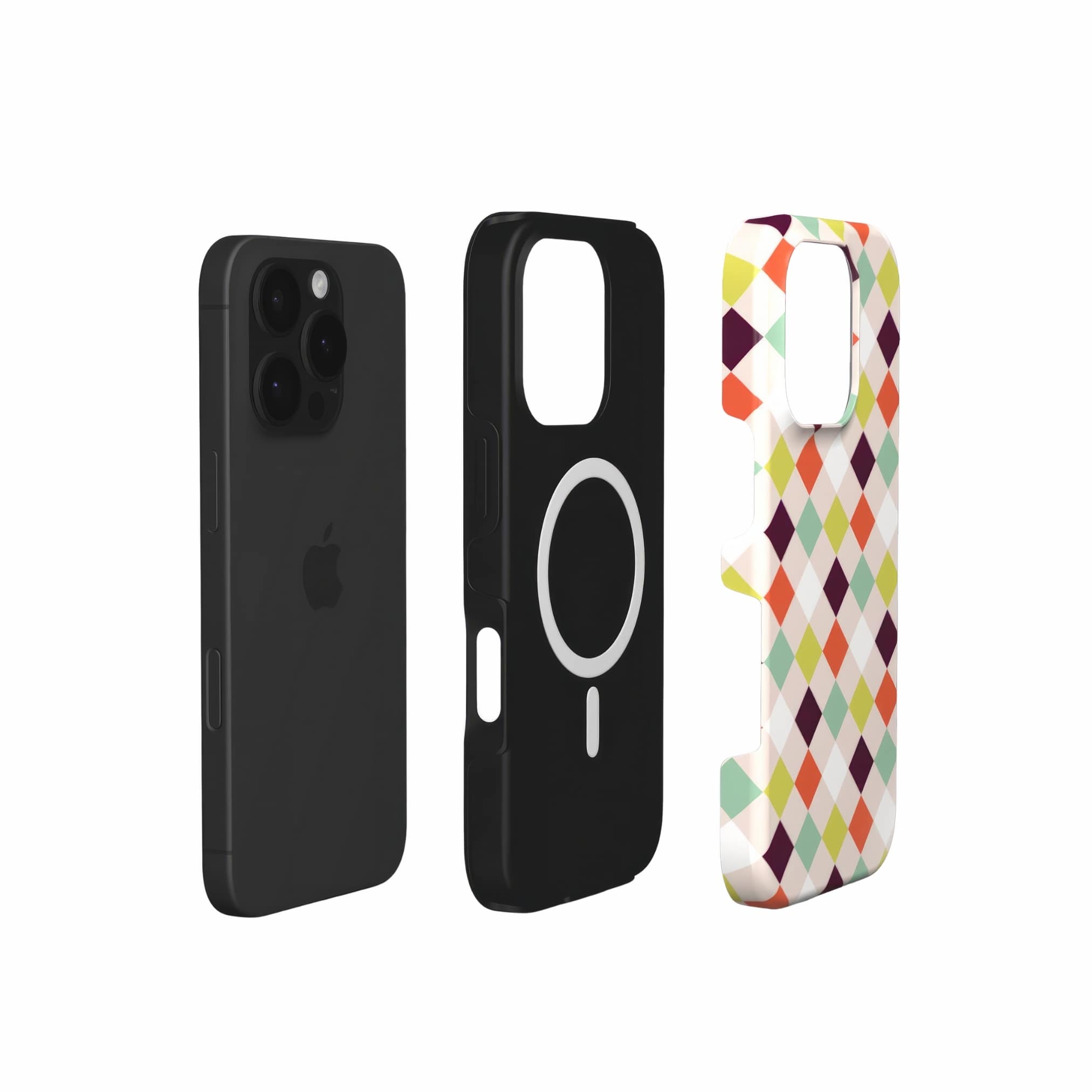 MagSafe tough phone case Wonder Chess 3 pattern design with a dynamic geometric symmetry in chess style, featuring an elegant and expressive aesthetic design. Main colors are mint, red, deep purple and yellow green. Extend view.