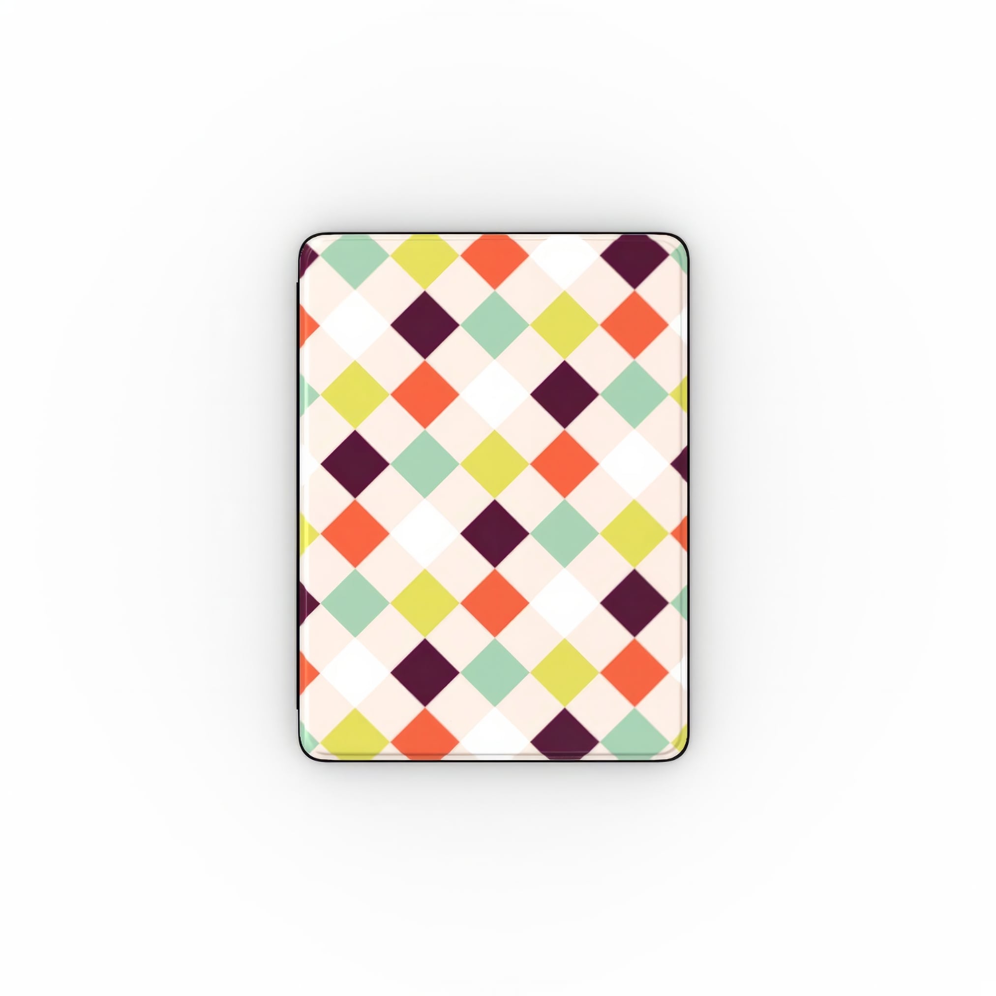 iPad vegan leather case Wonder Chess 3 pattern design with a dynamic geometric symmetry in chess style, featuring an elegant and expressive aesthetic design. Main colors are mint, red, deep purple and yellow green. Front view.