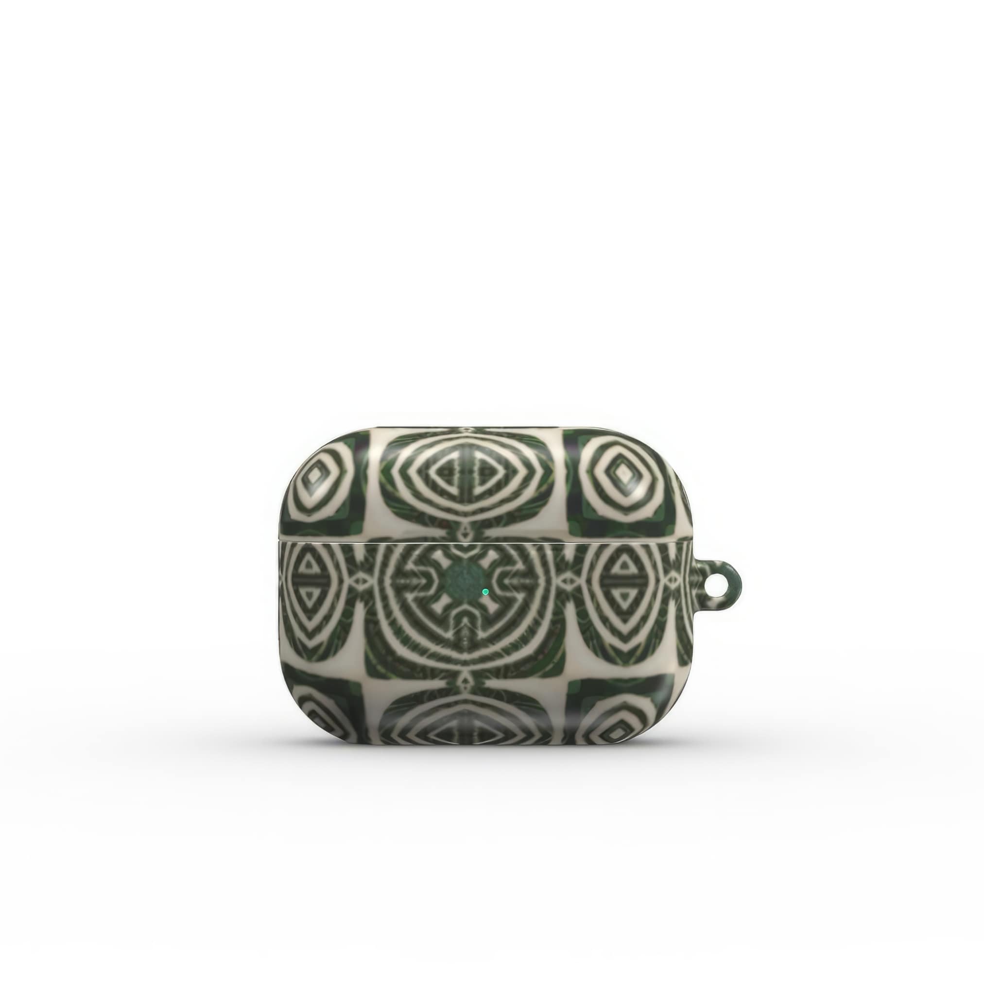 AirPods Pro case front view; wooden snake 2 pattern, ornamental pattern; kaleidoscope pattern imagination. Green color. Bold expressive aesthetic design. Colorful and interior fit. Elegant.