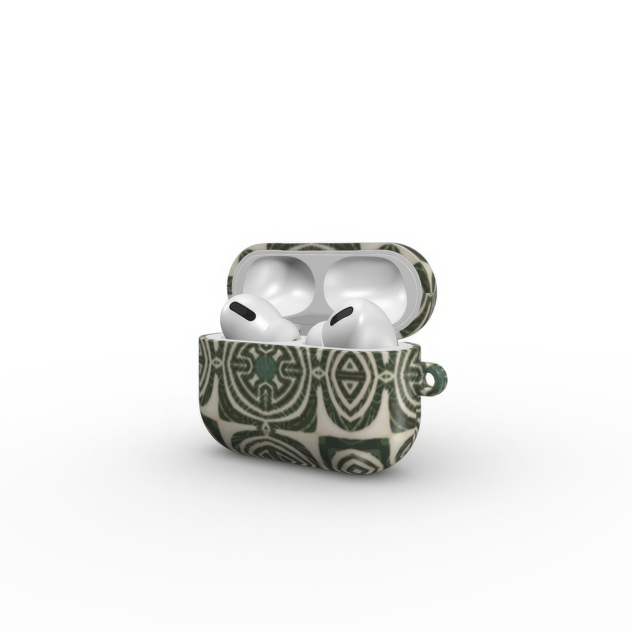 AirPods Pro case side open view; wooden snake 2 pattern, ornamental pattern; kaleidoscope pattern imagination. Green color.