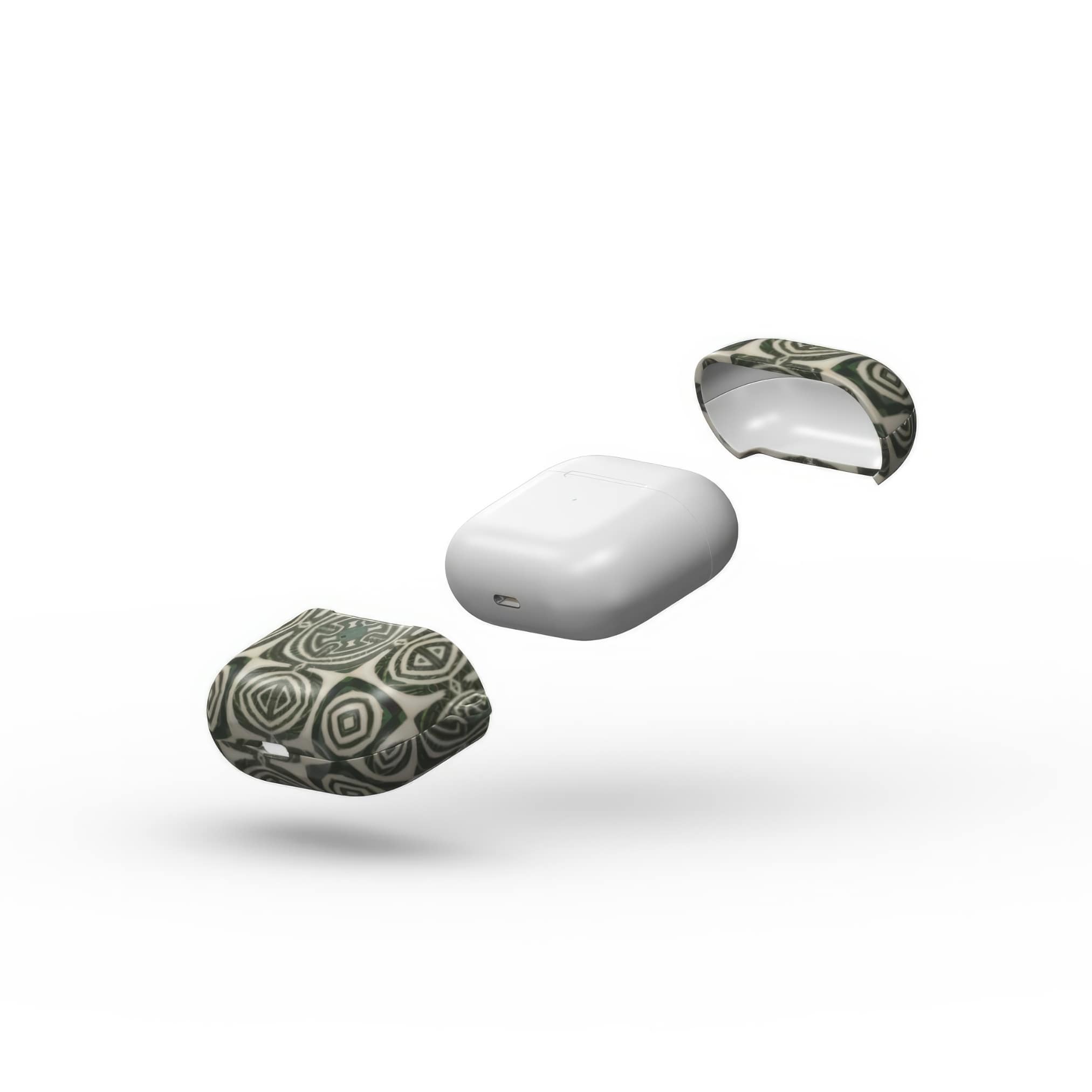 AirPods 3 case extend view; wooden snake 2 pattern, ornamental pattern; kaleidoscope pattern imagination. Green color.