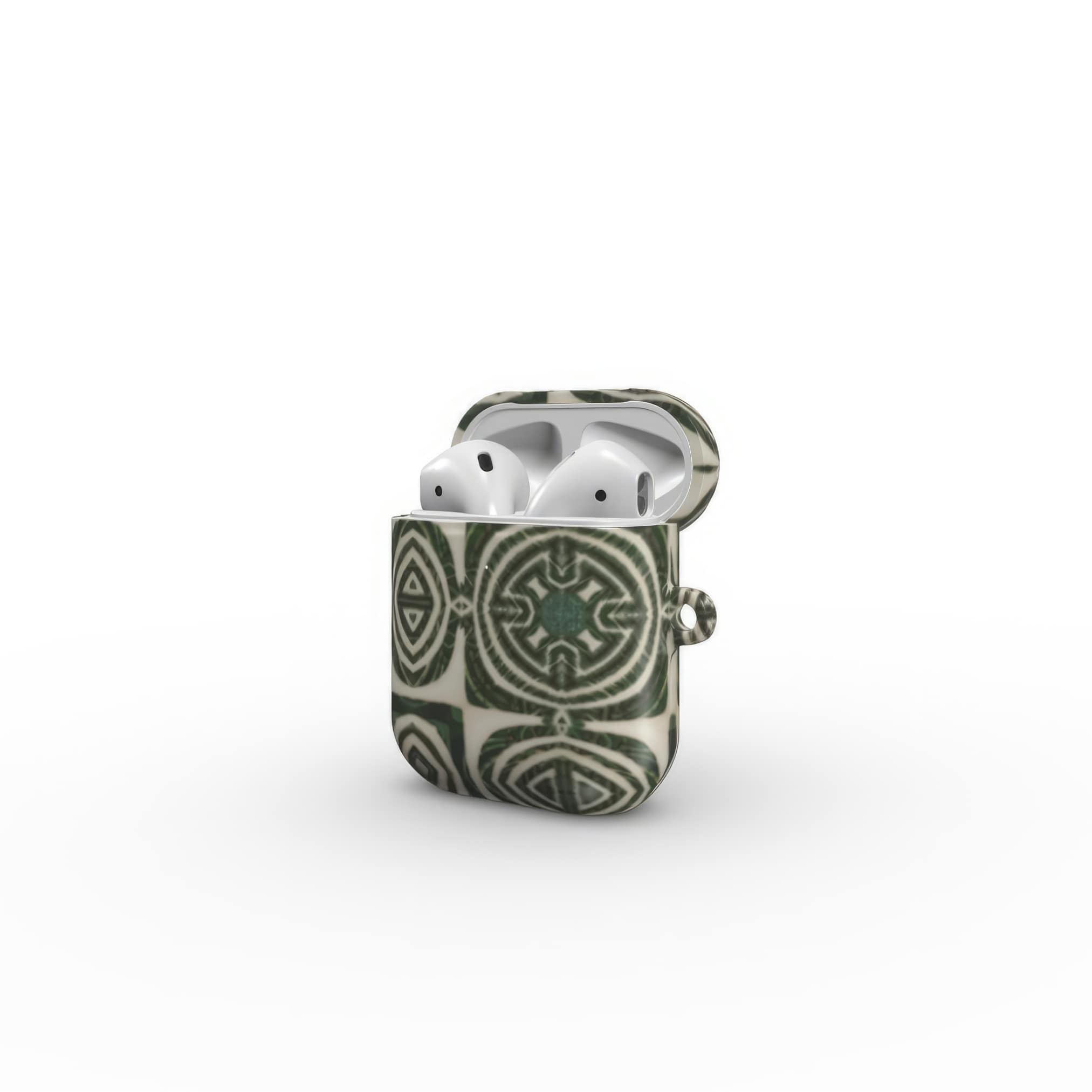 AirPods 1 and 2 case side open view; wooden snake 2 pattern, ornamental pattern; kaleidoscope pattern imagination. Green color.