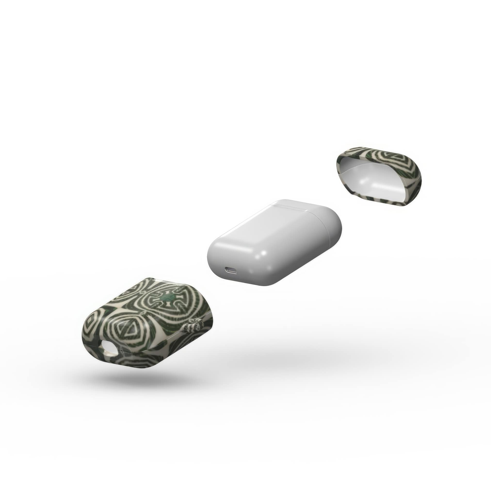 AirPods 1 and 2 case extend view; wooden snake 2 pattern, ornamental pattern; kaleidoscope pattern imagination. Green color.