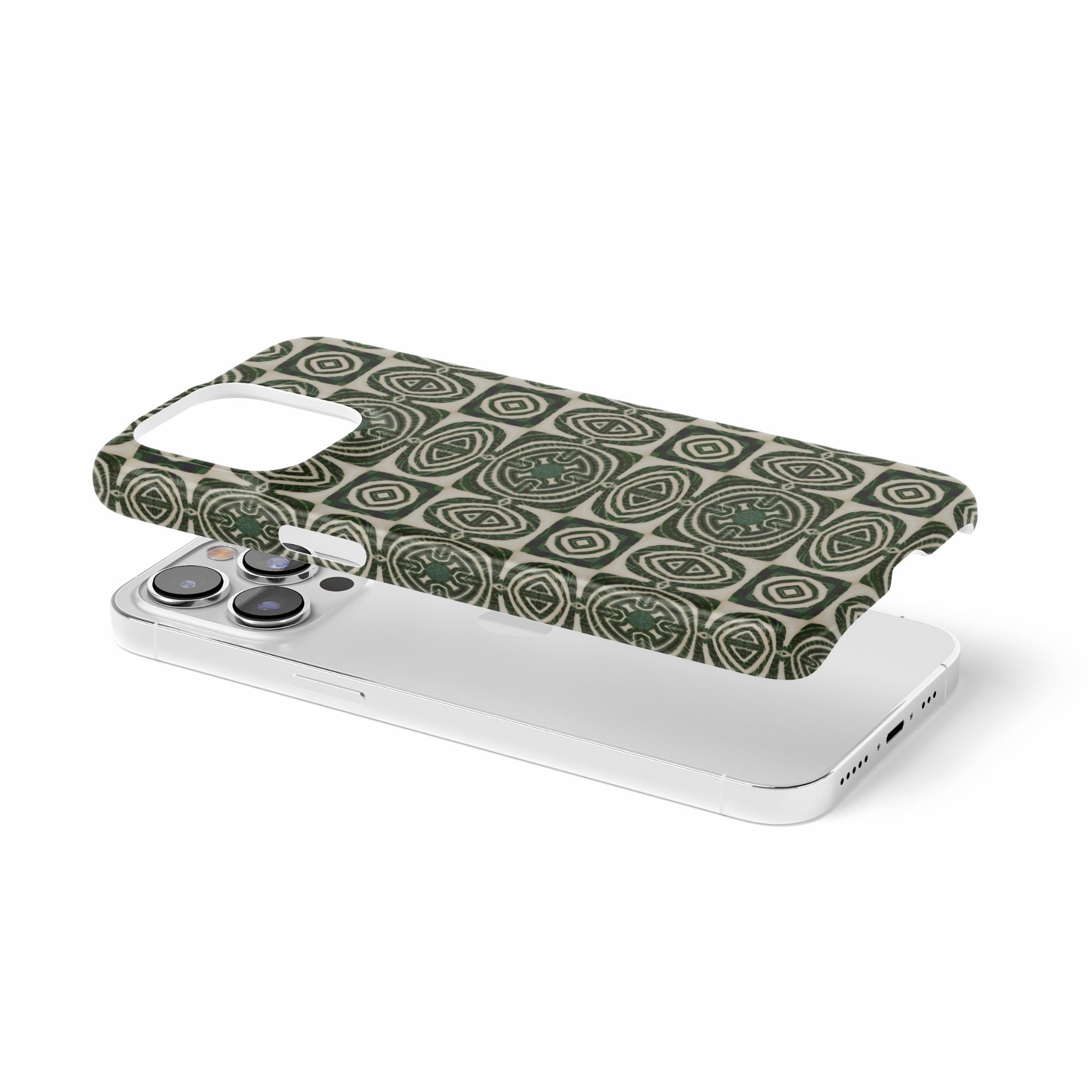 Ultra thin snap phone case extension view; wooden snake 2 pattern, ornamental pattern; kaleidoscope pattern imagination. Green color.