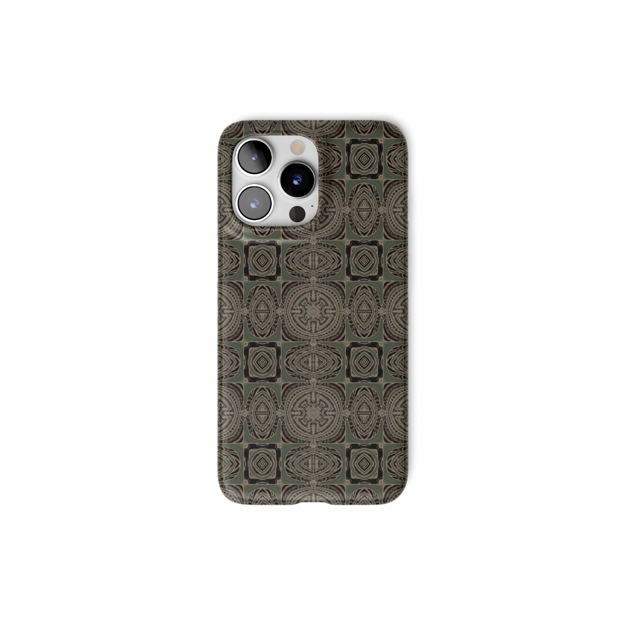 Ultra thin snap phone case front view; wooden snake 3 pattern, ornamental pattern; kaleidoscope pattern imagination. Green color.