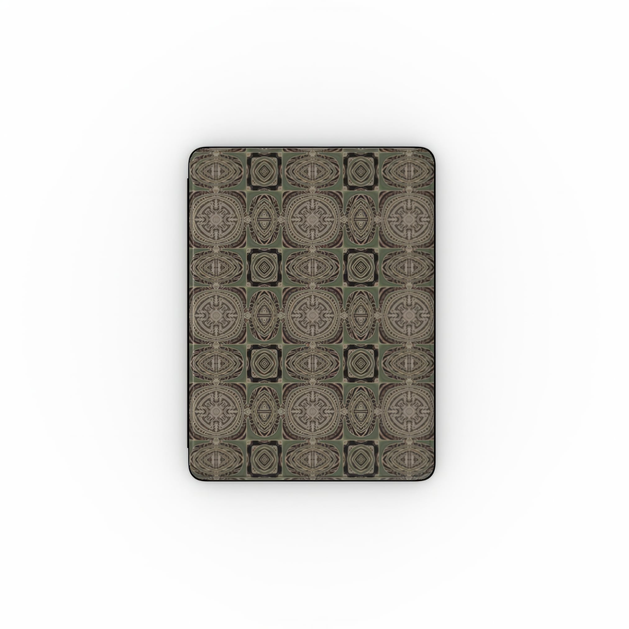 iPad case front view; wooden snake 3 pattern, ornamental pattern; kaleidoscope pattern imagination. Green color. Bold expressive aesthetic design. Image for 2025 year.