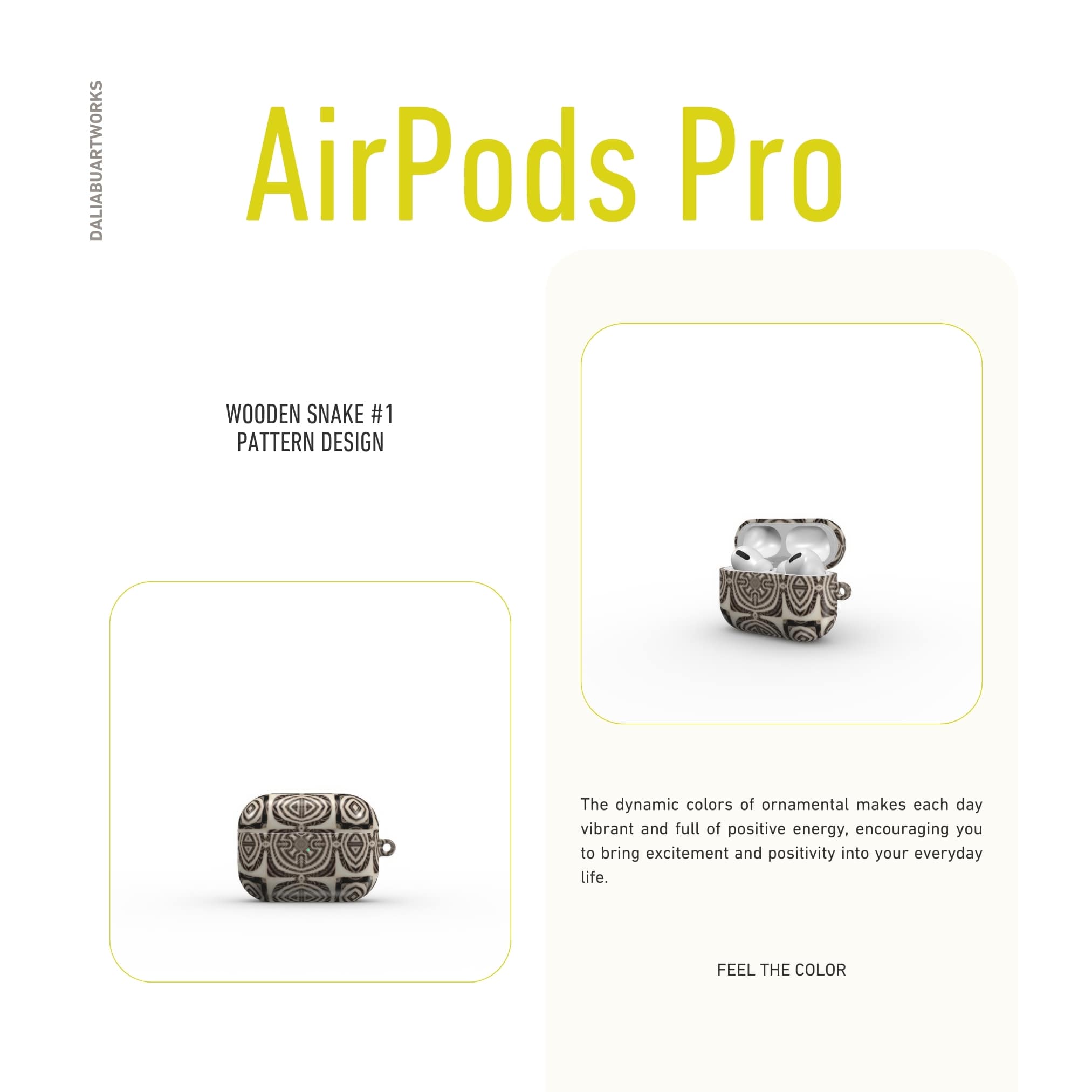AirPods Pro case front view; wooden snake 1 pattern, ornamental pattern; kaleidoscope pattern imagination. Brown color.
