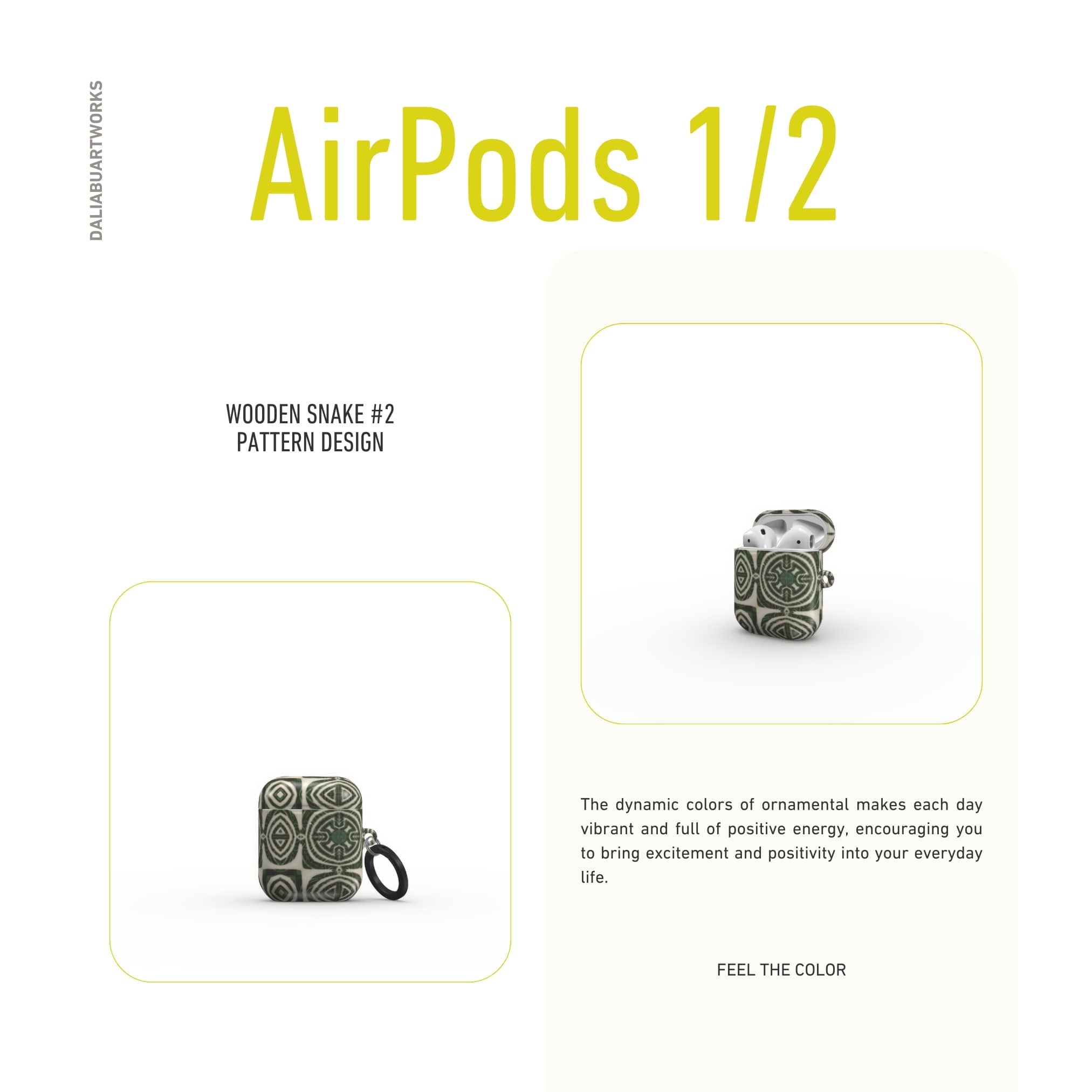 AirPods 1 and 2 case front view; wooden snake 2 pattern, ornamental pattern; kaleidoscope pattern imagination. Brown color.