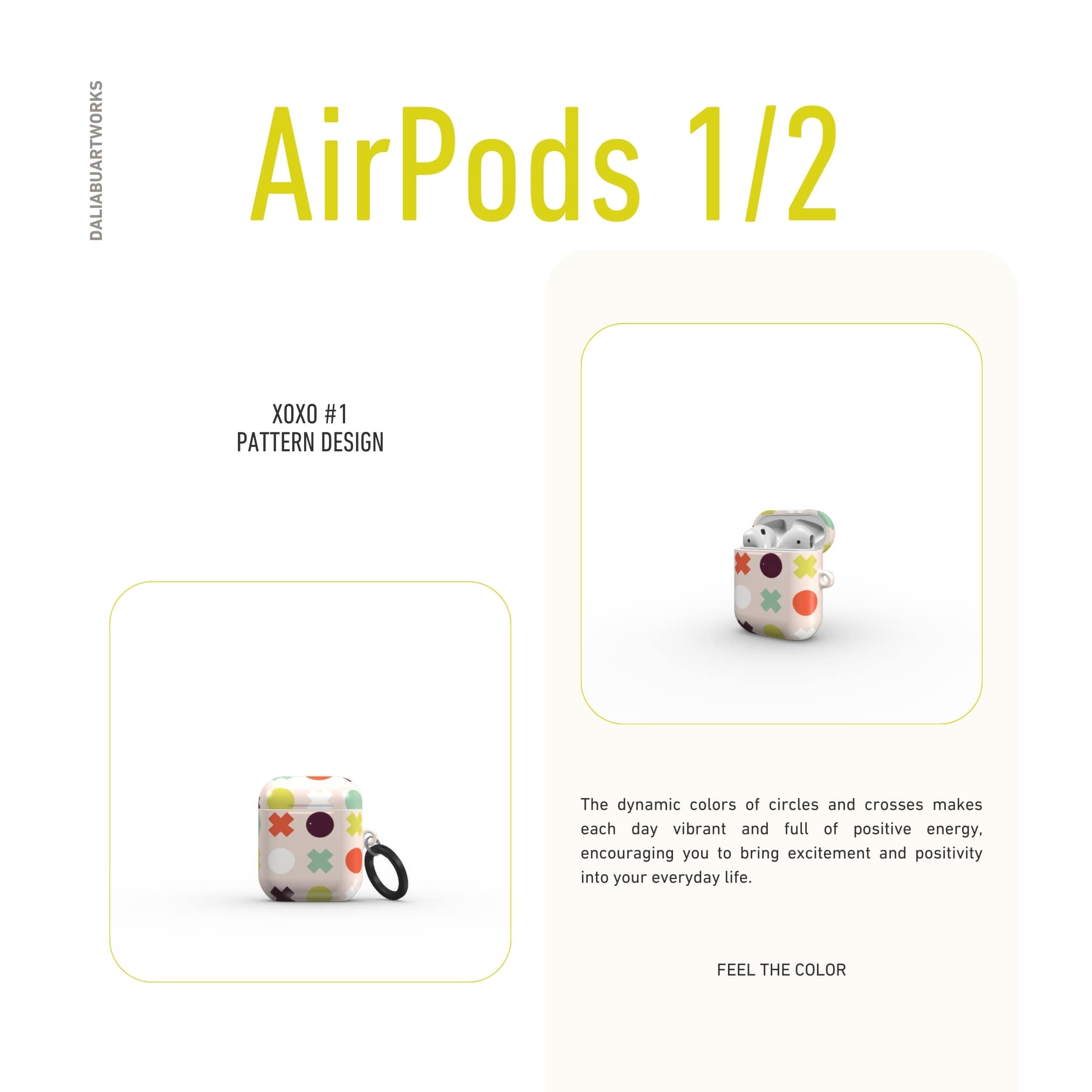 AirPods 1 and 2 tough hard shell case XOXO 1 pattern design with a circles and cross modern style, featuring an elegant and expressive aesthetic design. Main colors are orange red, purple, yellow and mint. Front view.