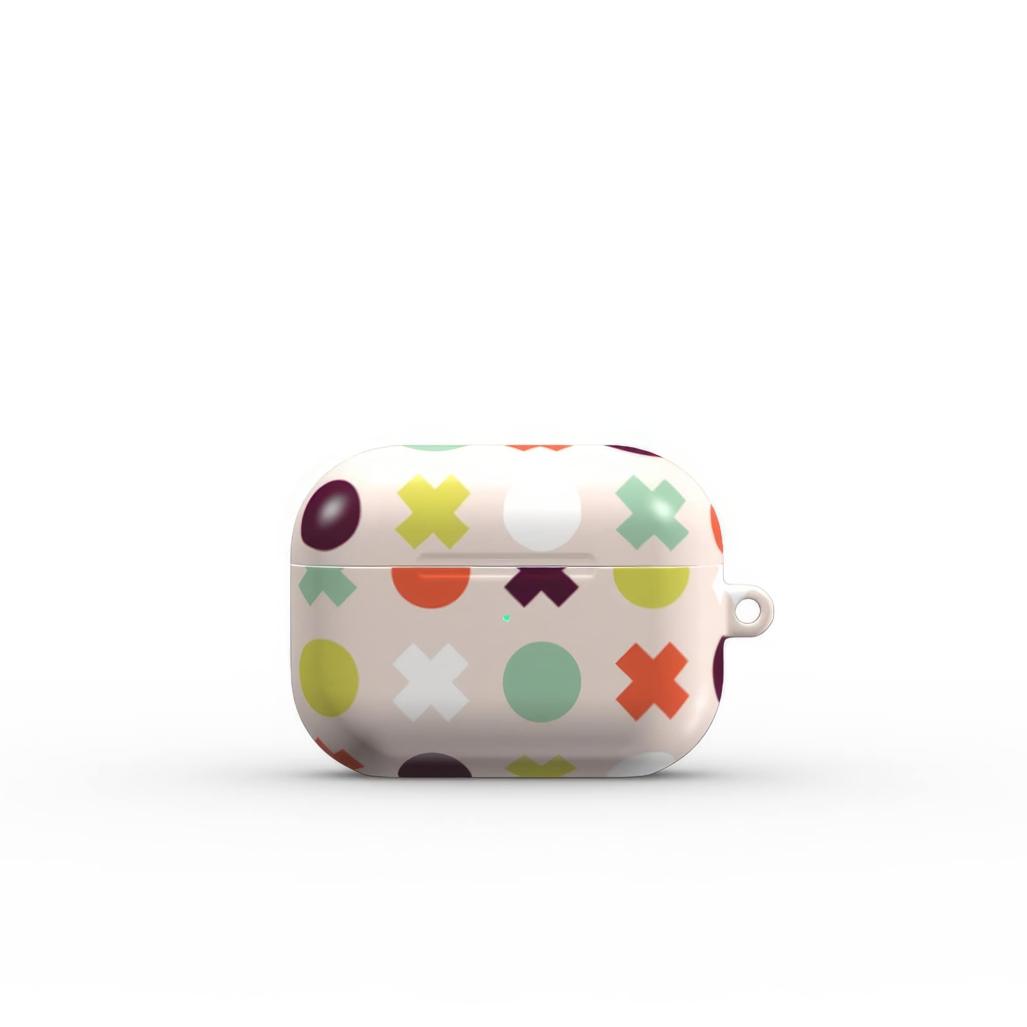 AirPods Pro tough hard shell case XOXO 1 pattern design with a circles and cross modern style, featuring an elegant and expressive aesthetic design. Main colors are orange red, purple, yellow and mint. Front view.