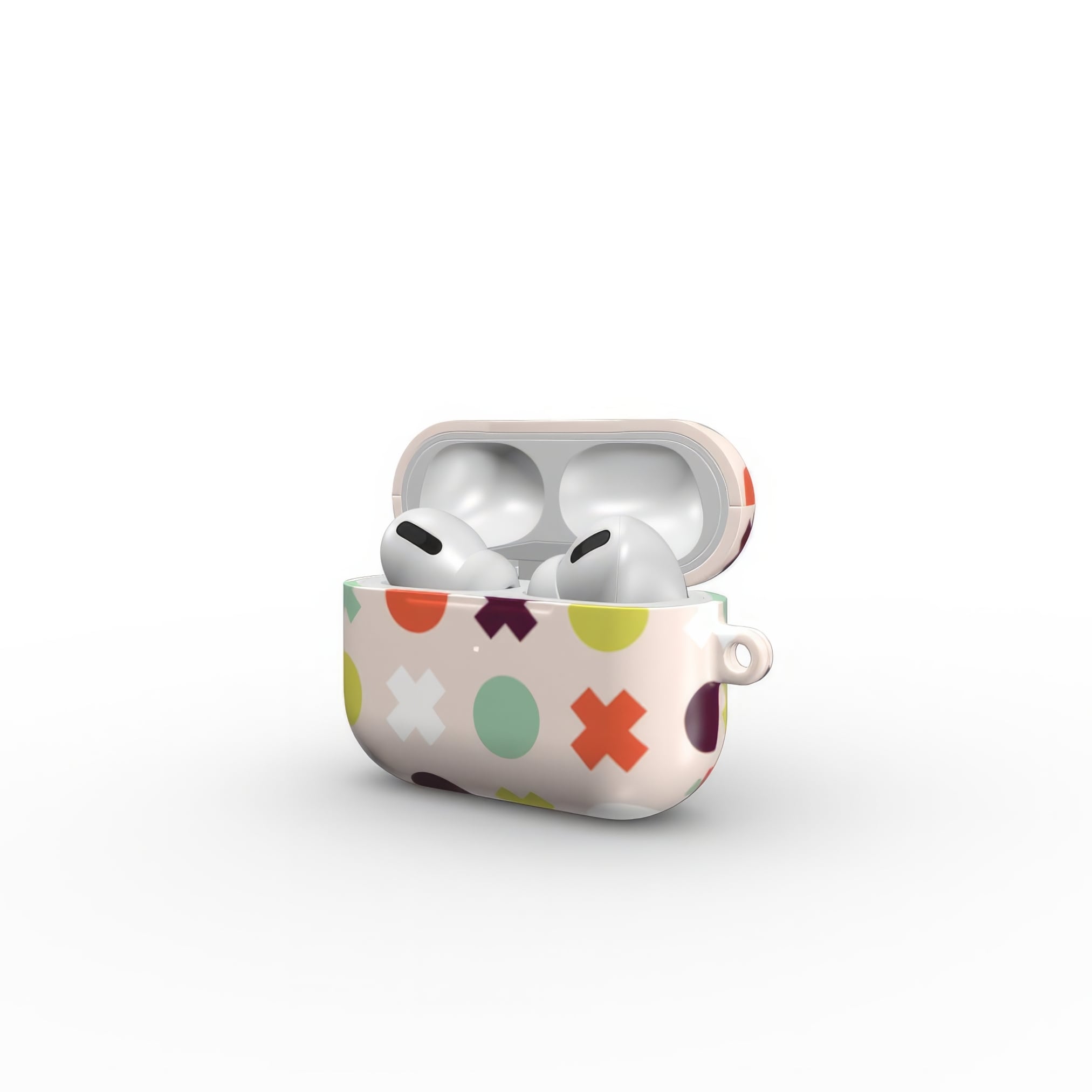 AirPods Pro tough hard shell case XOXO 1 pattern design with a circles and cross modern style, featuring an elegant and expressive aesthetic design. Main colors are orange red, purple, yellow and mint. Open side view.