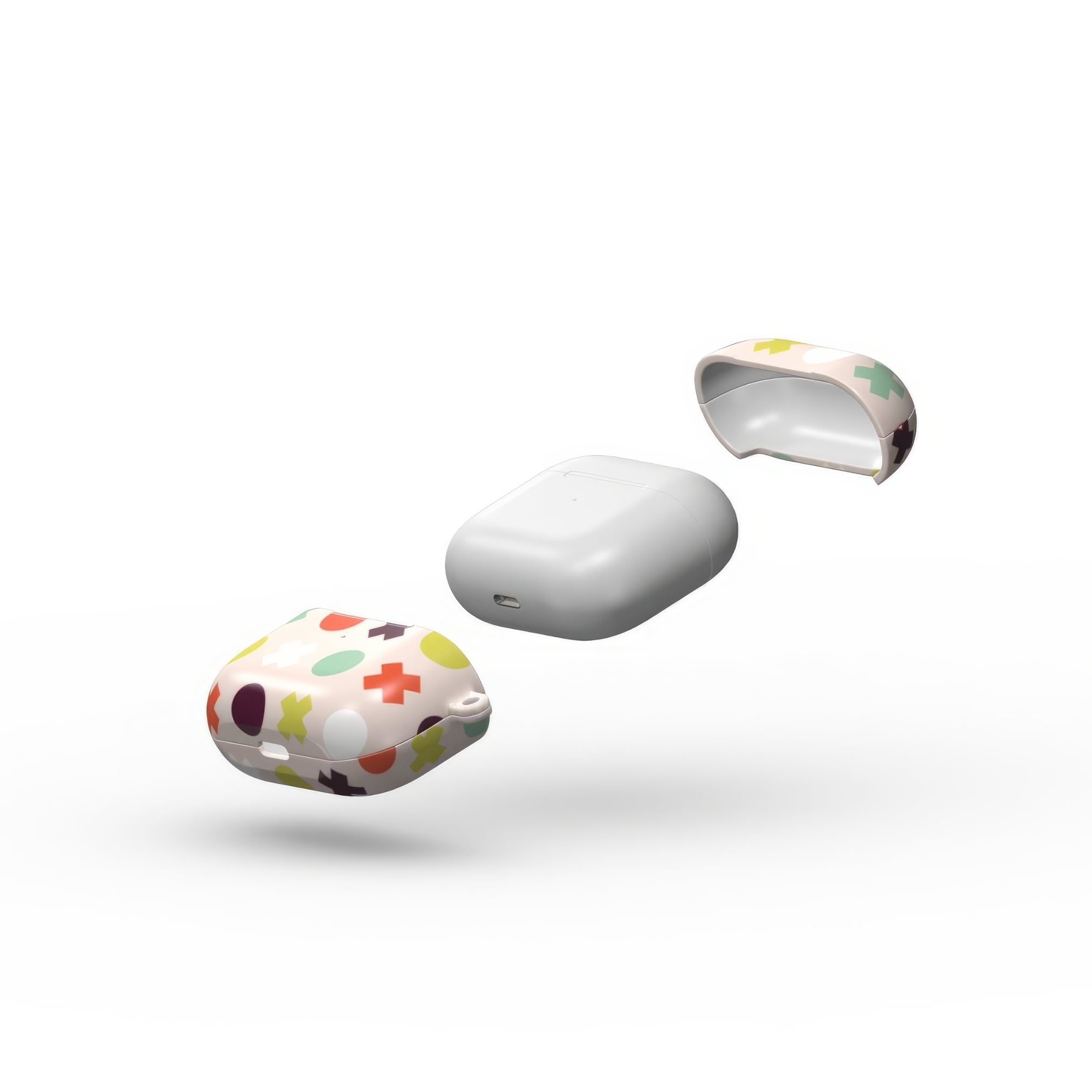 AirPods 3 tough hard shell case XOXO 1 pattern design with a circles and cross modern style, featuring an elegant and expressive aesthetic design. Main colors are orange red, purple, yellow and mint. Extend view.