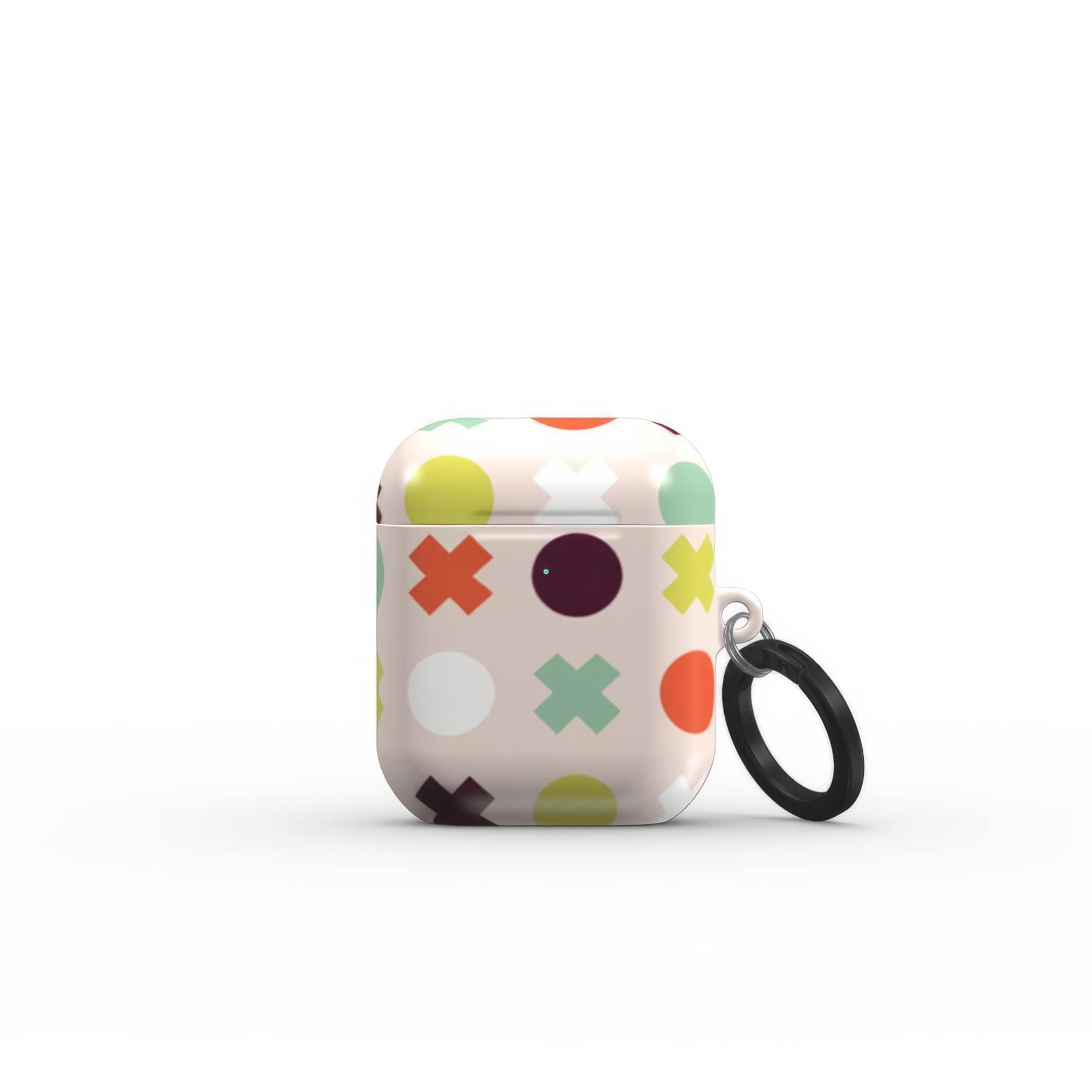 AirPods 1 and 2 tough hard shell case XOXO 1 pattern design with a circles and cross modern style, featuring an elegant and expressive aesthetic design. Main colors are orange red, purple, yellow and mint. Front closed view.