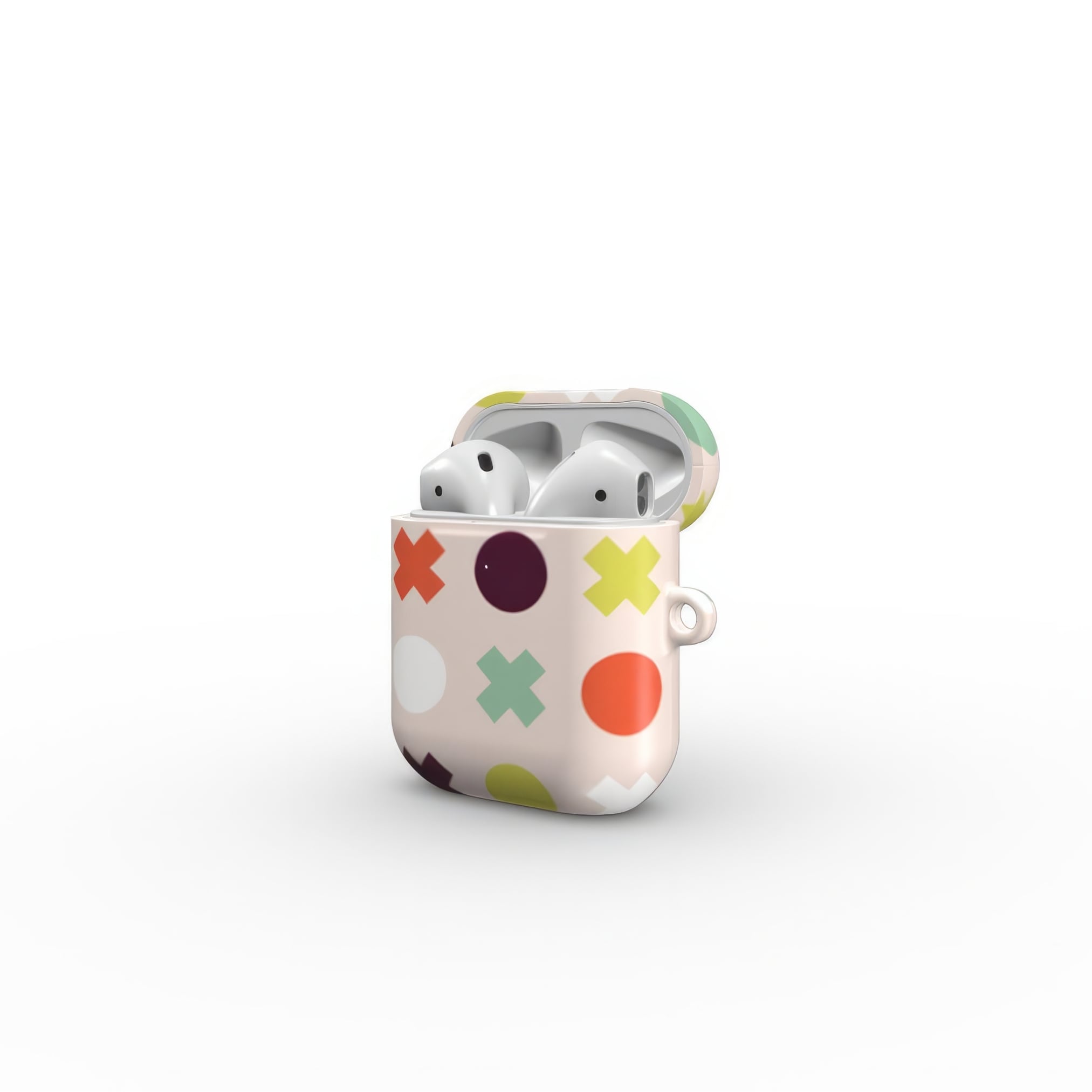 AirPods 1 and 2 tough hard shell case XOXO 1 pattern design with a circles and cross modern style, featuring an elegant and expressive aesthetic design. Main colors are orange red, purple, yellow and mint. Extend view.