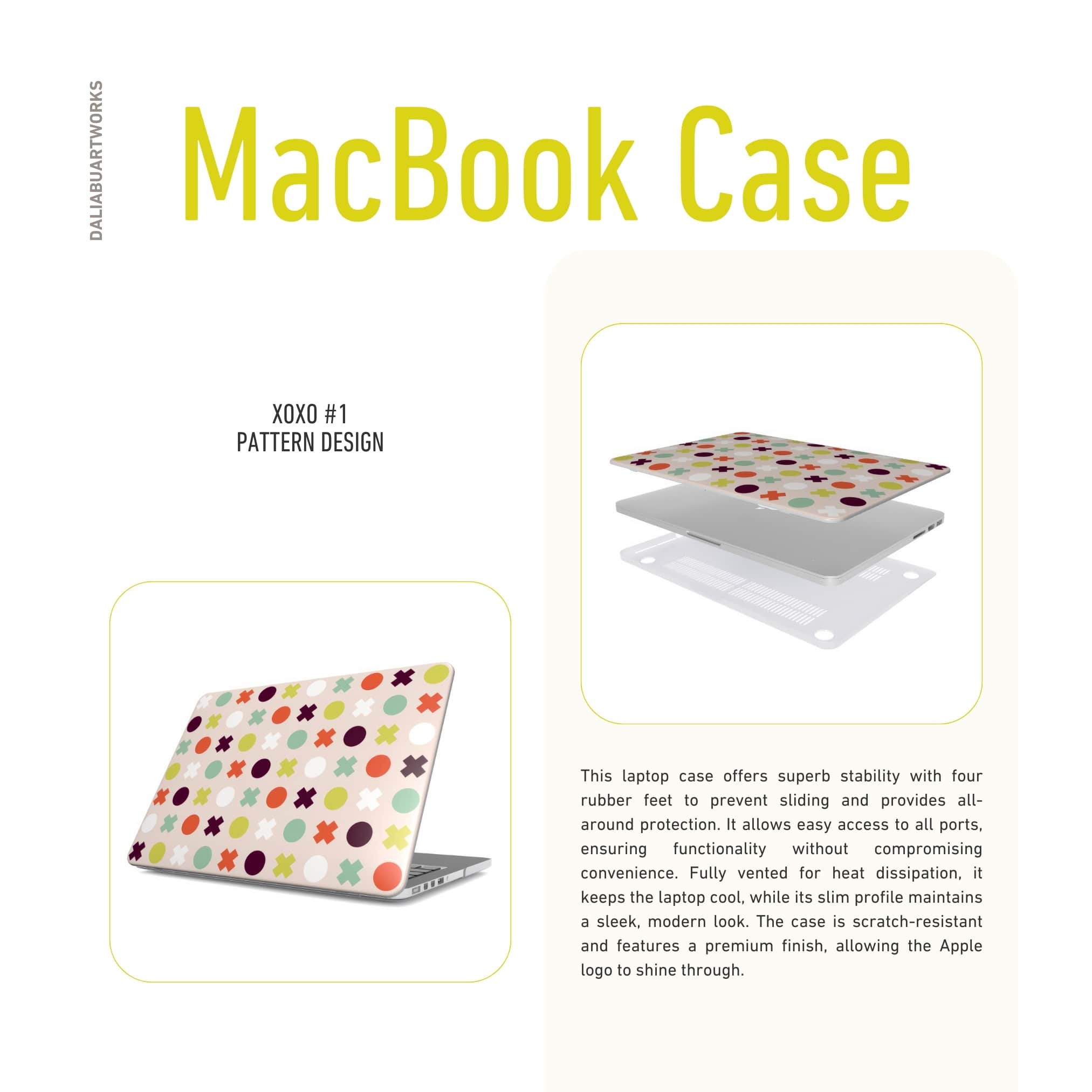 MacBook case XOXO 1 pattern design with a circles and cross modern style, featuring an elegant and expressive aesthetic design. Main colors are orange red, purple, yellow and mint. Details about laptop cover ventilation features.