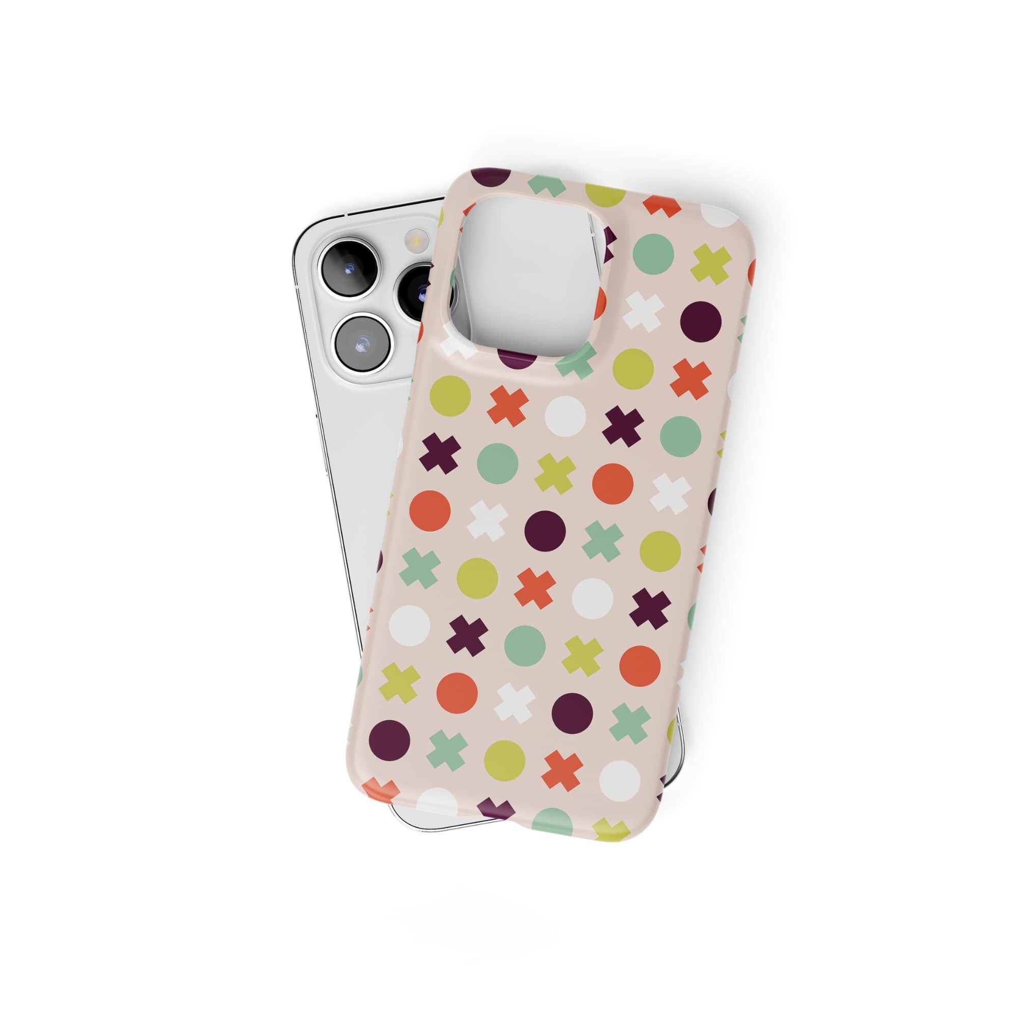 Ultra thin snap phone case XOXO 1 pattern design with a circles and cross modern style, featuring an elegant and expressive aesthetic design. Main colors are orange red, purple, yellow and mint. Front view.