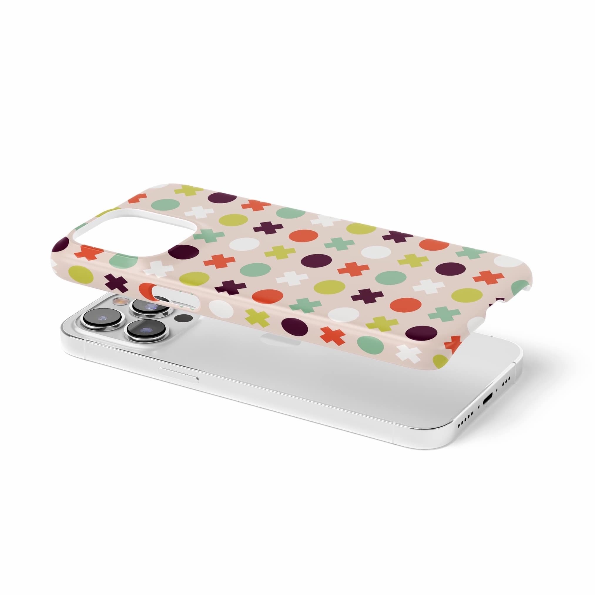 Ultra thin snap phone case XOXO 1 pattern design with a circles and cross modern style, featuring an elegant and expressive aesthetic design. Main colors are orange red, purple, yellow and mint. Extend view.