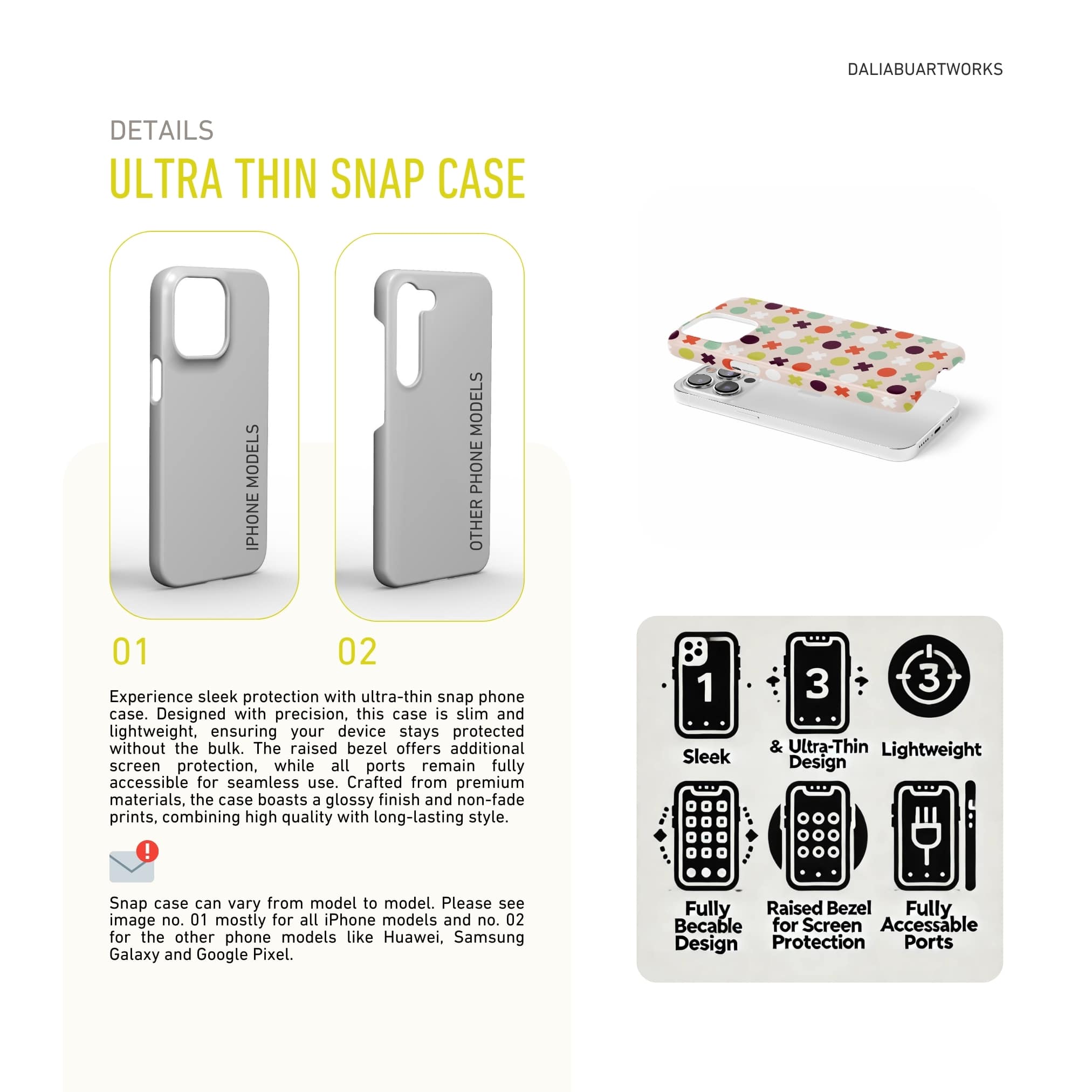 Ultra thin snap phone case XOXO 1 pattern design with a circles and cross modern style, featuring an elegant and expressive aesthetic design. Main colors are orange red, purple, yellow and mint. Details about skin snug fit phone cover features.