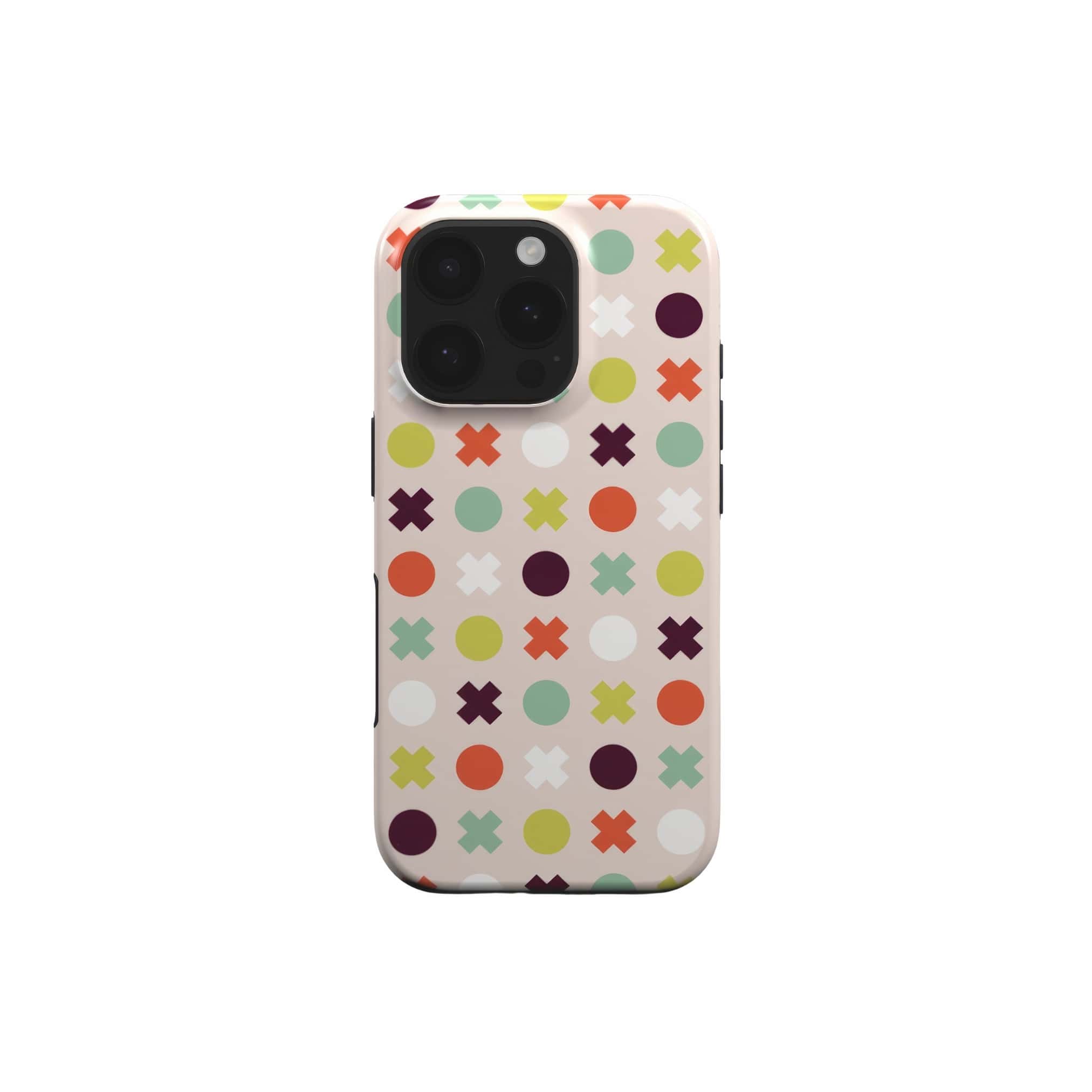 Tough phone case XOXO 1 pattern design with a circles and cross modern style, featuring an elegant and expressive aesthetic design. Main colors are orange red, purple, yellow and mint. Front view.