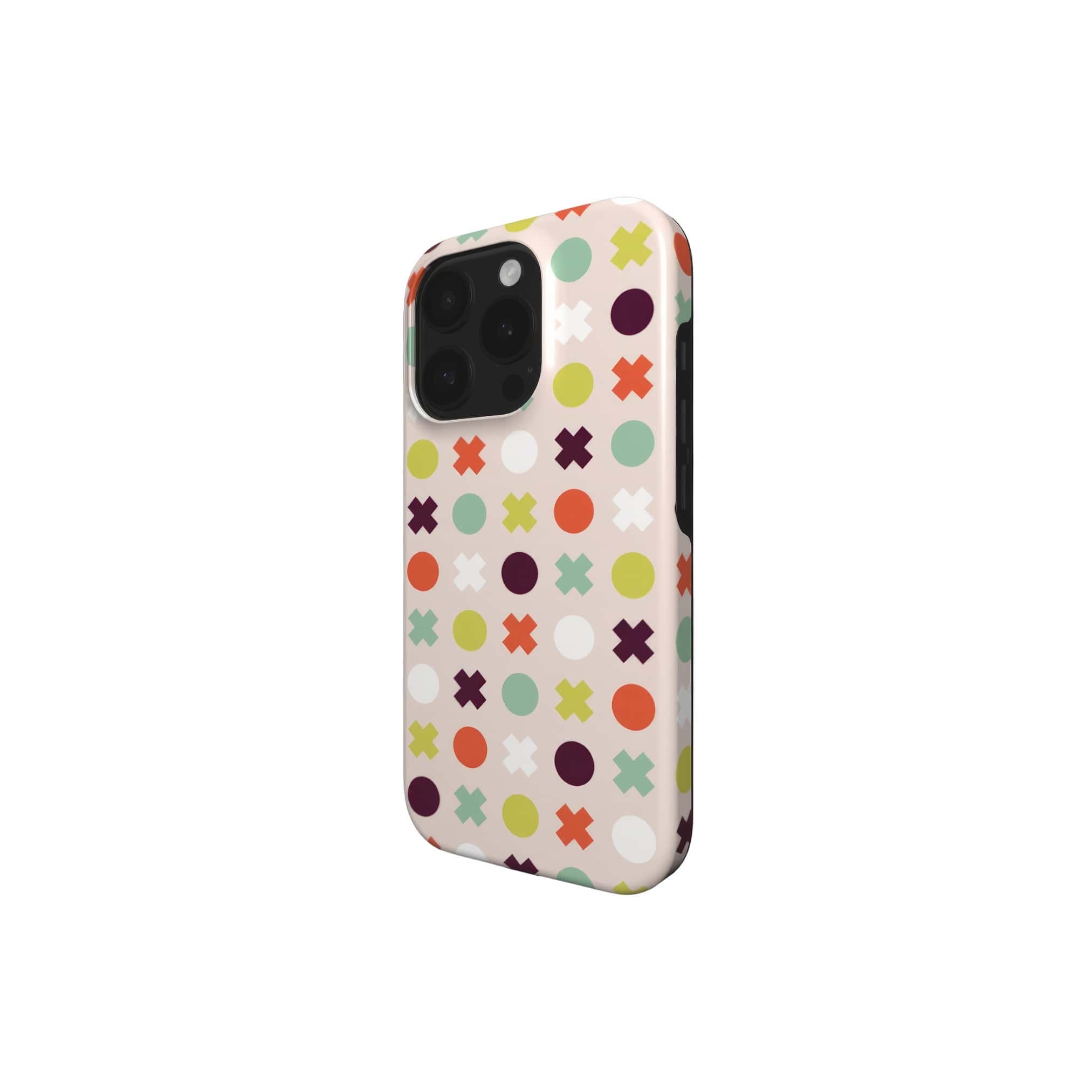 Tough phone case XOXO 1 pattern design with a circles and cross modern style, featuring an elegant and expressive aesthetic design. Main colors are orange red, purple, yellow and mint. Side view.