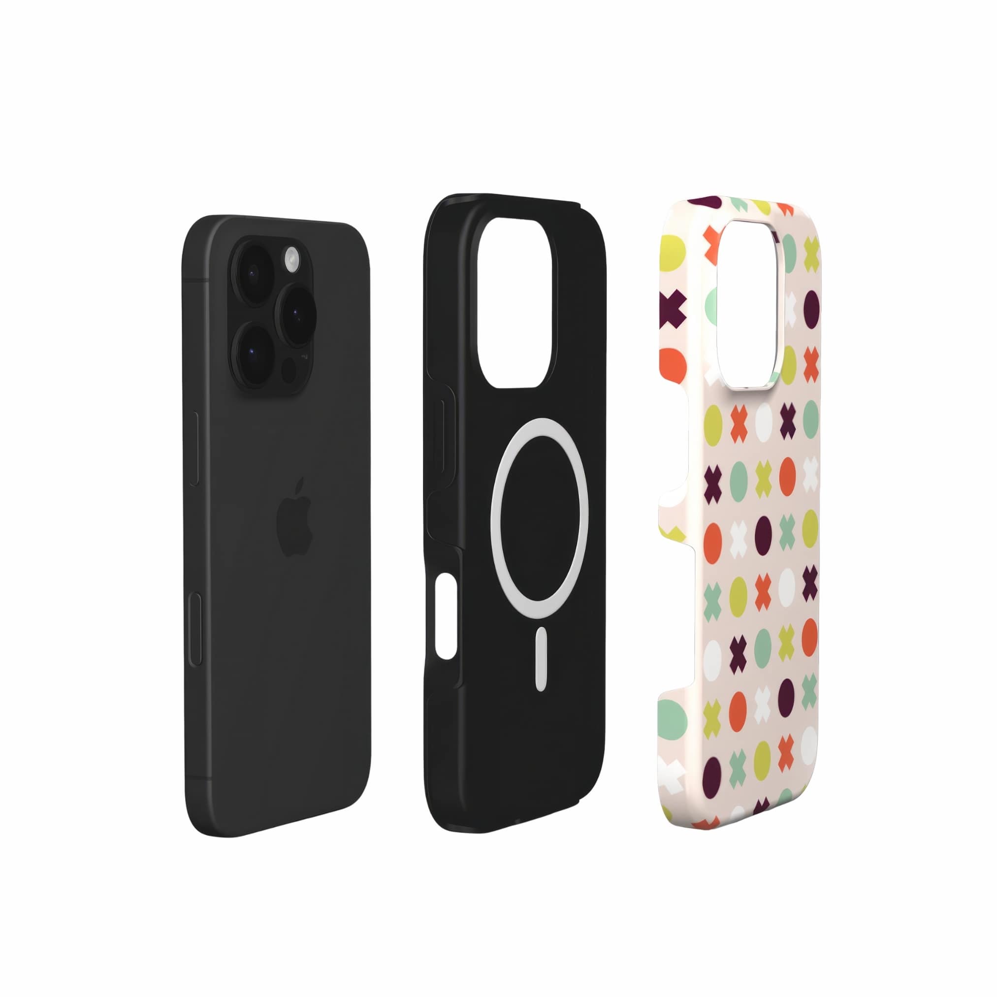 MagSafe tough phone case XOXO 1 pattern design with a circles and cross modern style, featuring an elegant and expressive aesthetic design. Main colors are orange red, purple, yellow and mint. Extend view.