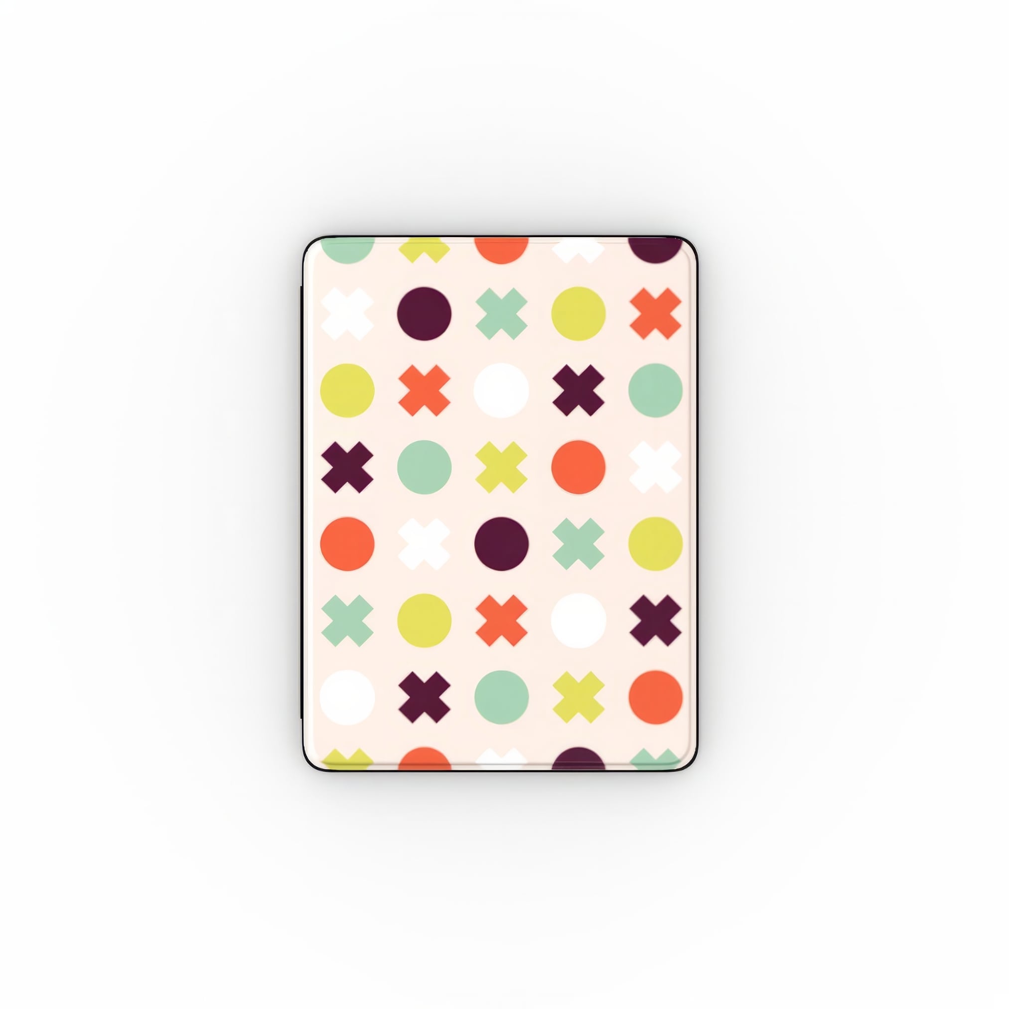 iPad case XOXO 1 pattern design with a circles and cross modern style, featuring an elegant and expressive aesthetic design. Main colors are orange red, purple, yellow and mint. Front view.