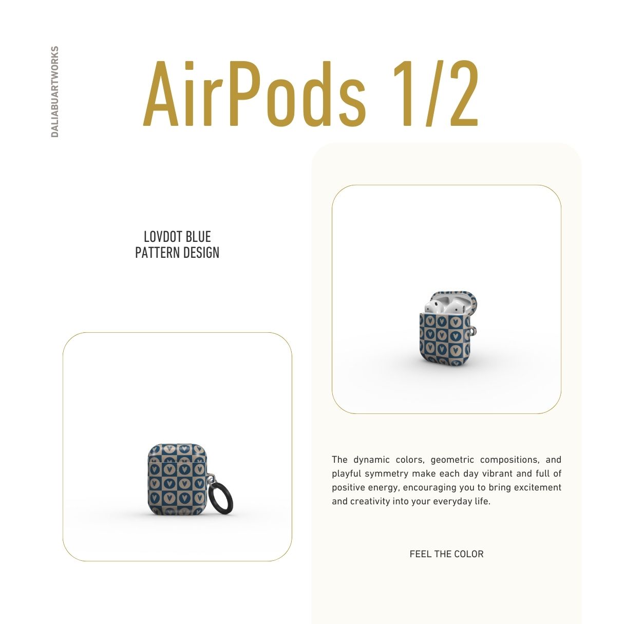 AirPods 1 and 2 case LovDot Blue pattern design with a dynamic geometric symmetry in heart and dot style, featuring an elegant and expressive aesthetic design. Main colors are steel blue and light brown. Description.