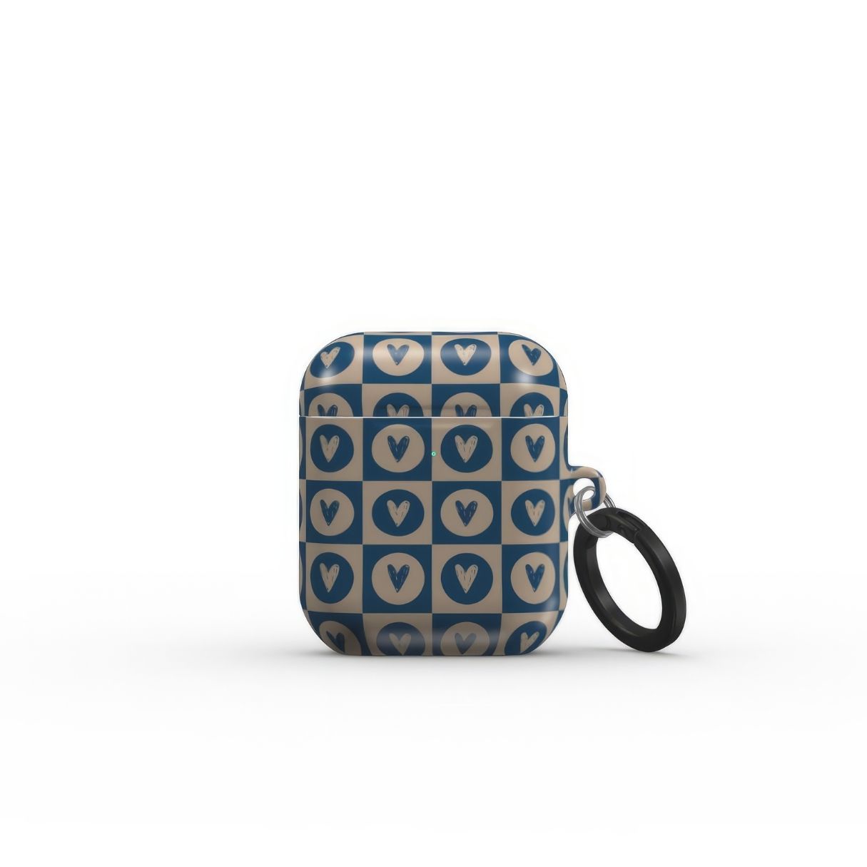 AirPods 1 and 2 case LovDot Blue pattern design with a dynamic geometric symmetry in heart and dot style, featuring an elegant and expressive aesthetic design. Main colors are steel blue and light brown. Front closed view.