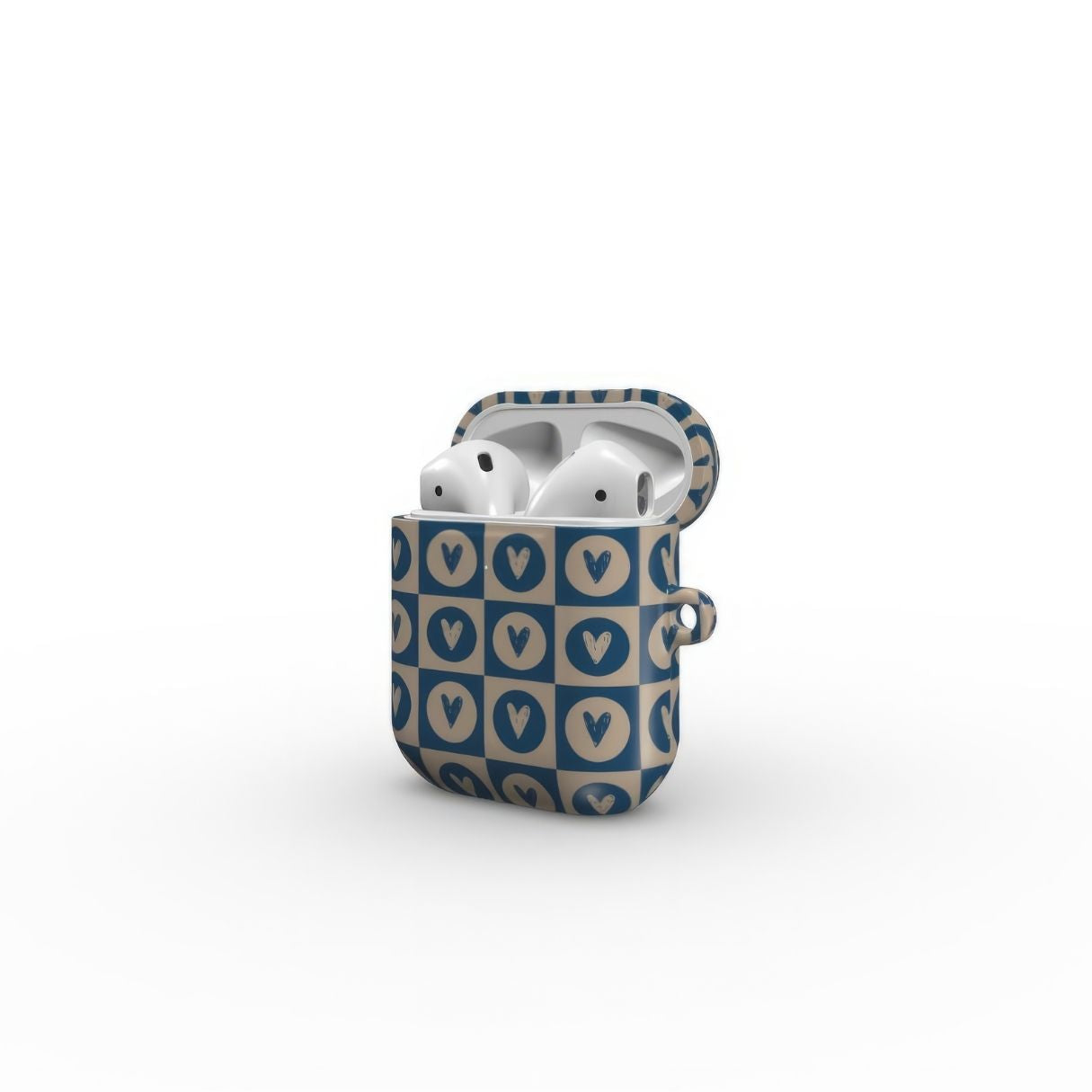 AirPods 1 and 2 case LovDot Blue pattern design with a dynamic geometric symmetry in heart and dot style, featuring an elegant and expressive aesthetic design. Main colors are steel blue and light brown. Side open view.