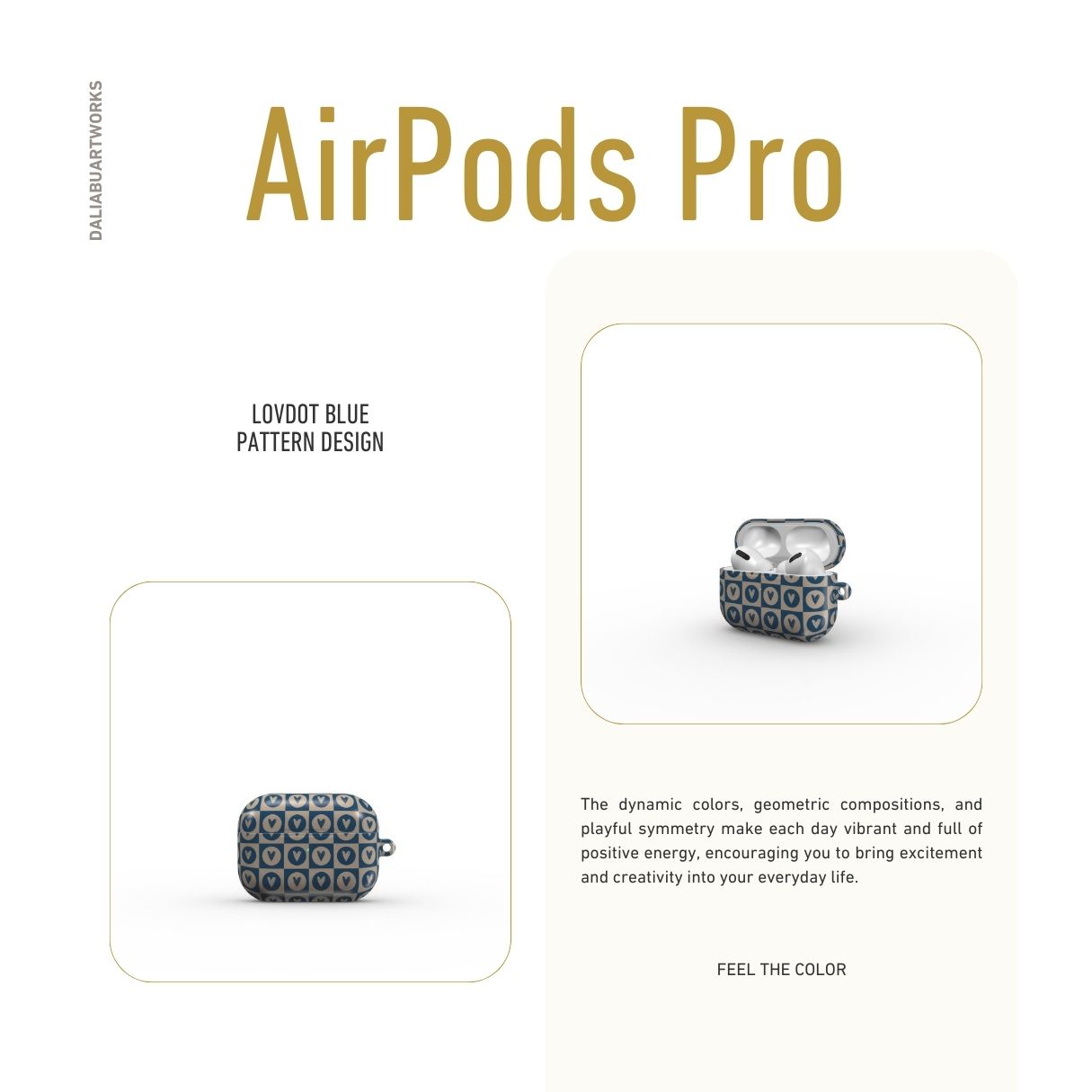 AirPods Pro case LovDot Blue pattern design with a dynamic geometric symmetry in heart and dot style, featuring an elegant and expressive aesthetic design. Main colors are steel blue and light brown. Description.