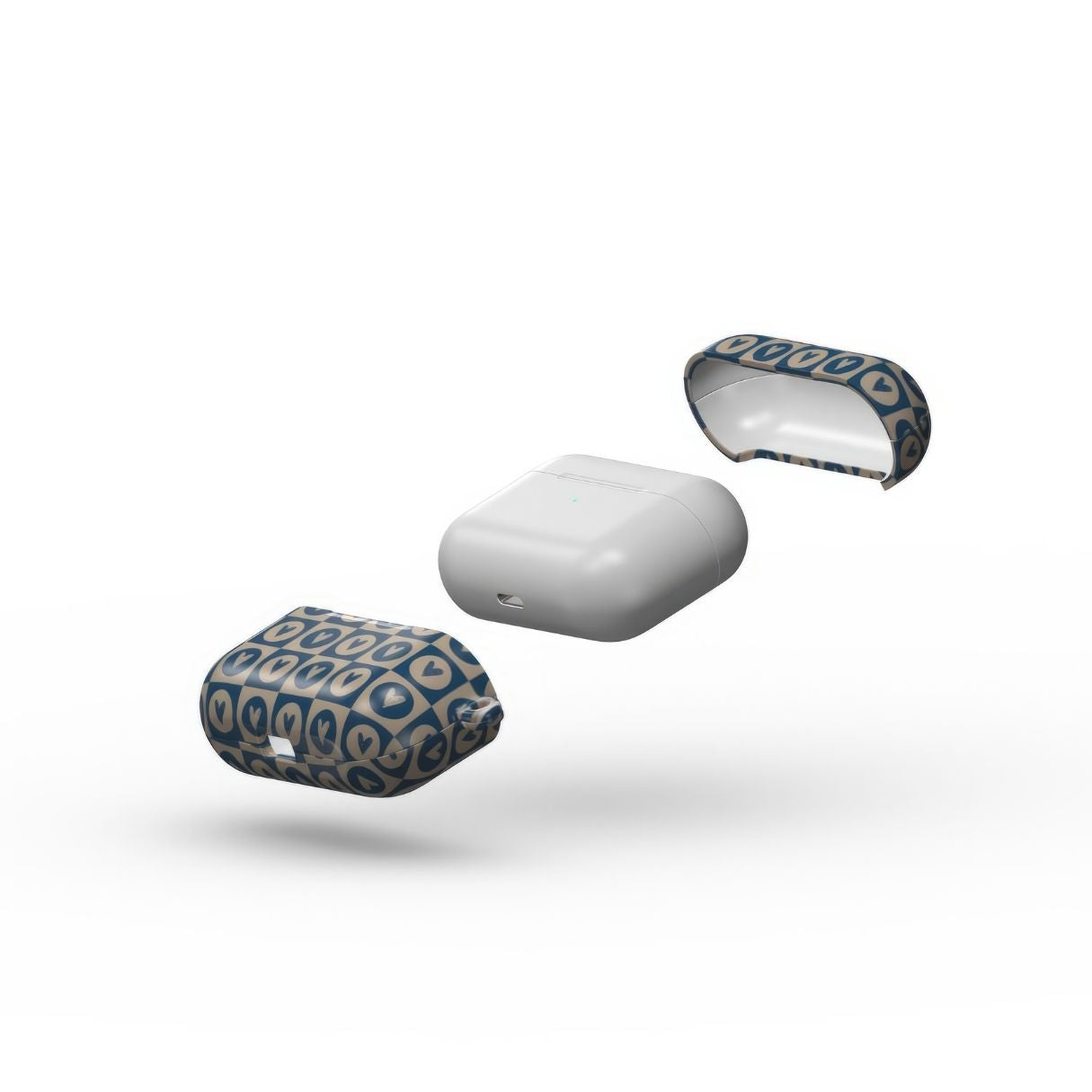 AirPods Pro case LovDot Blue pattern design with a dynamic geometric symmetry in heart and dot style, featuring an elegant and expressive aesthetic design. Main colors are steel blue and light brown. Extend view.