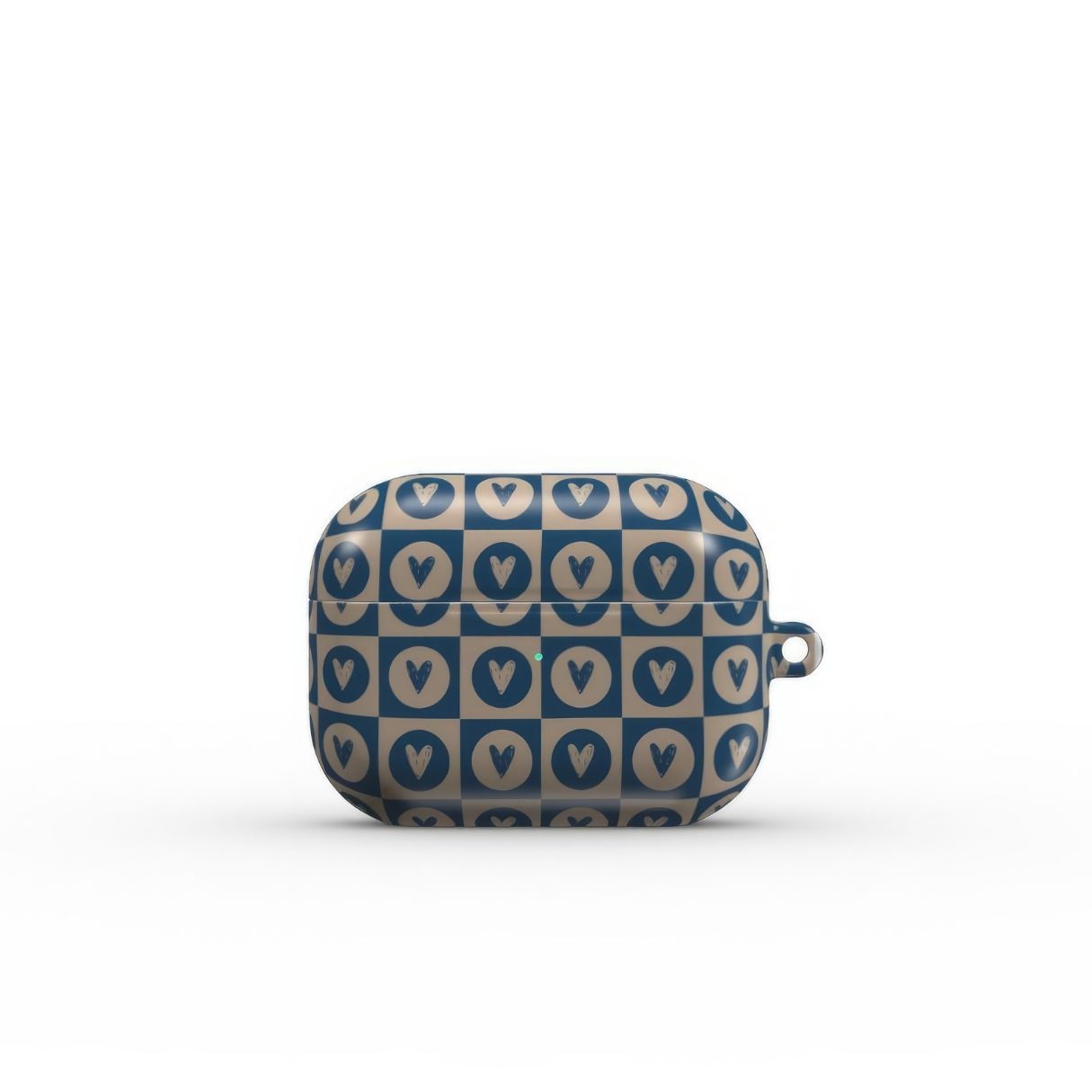 AirPods Pro case LovDot Blue pattern design with a dynamic geometric symmetry in heart and dot style, featuring an elegant and expressive aesthetic design. Main colors are steel blue and light brown. Front view.