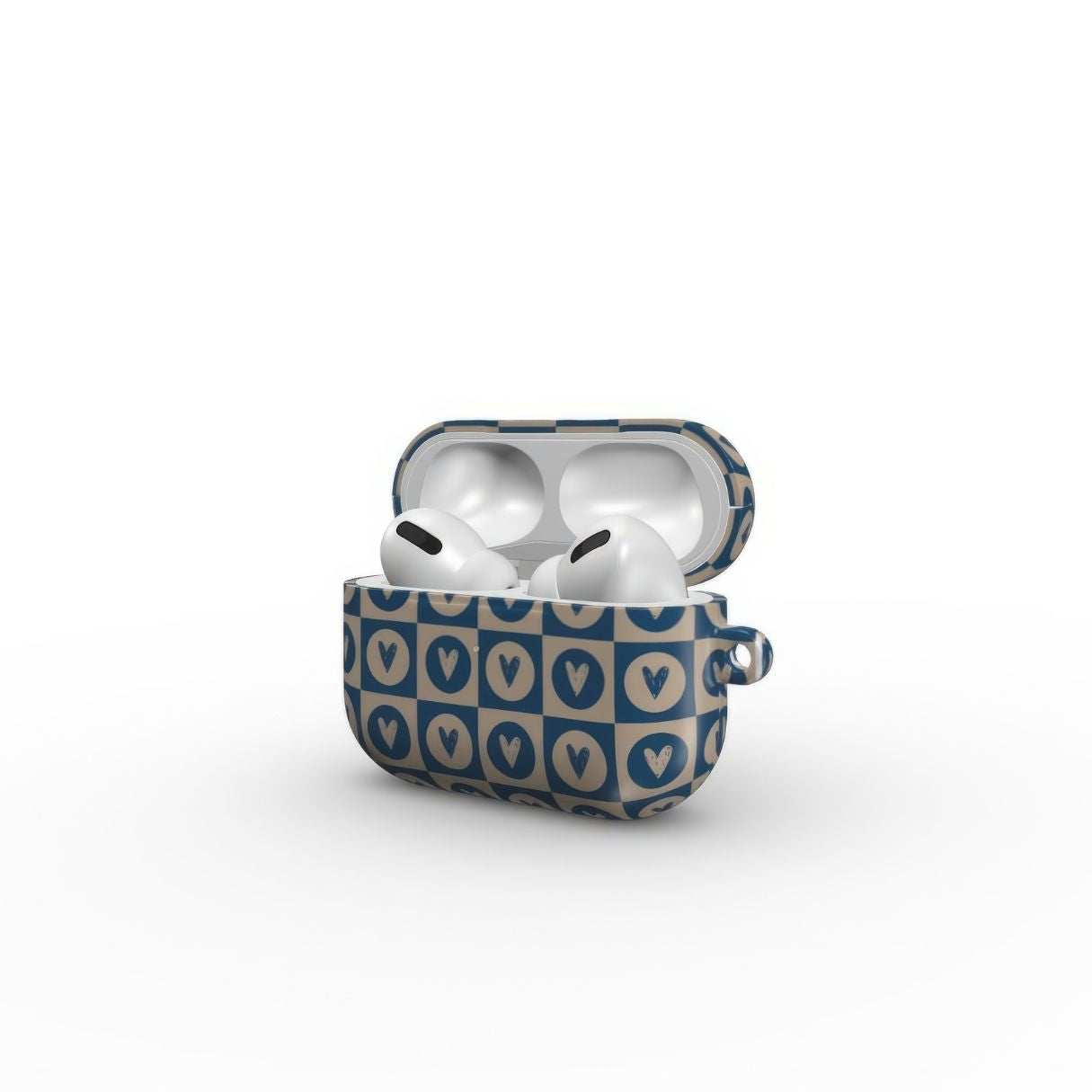 AirPods Pro case LovDot Blue pattern design with a dynamic geometric symmetry in heart and dot style, featuring an elegant and expressive aesthetic design. Main colors are steel blue and light brown. Side open view.