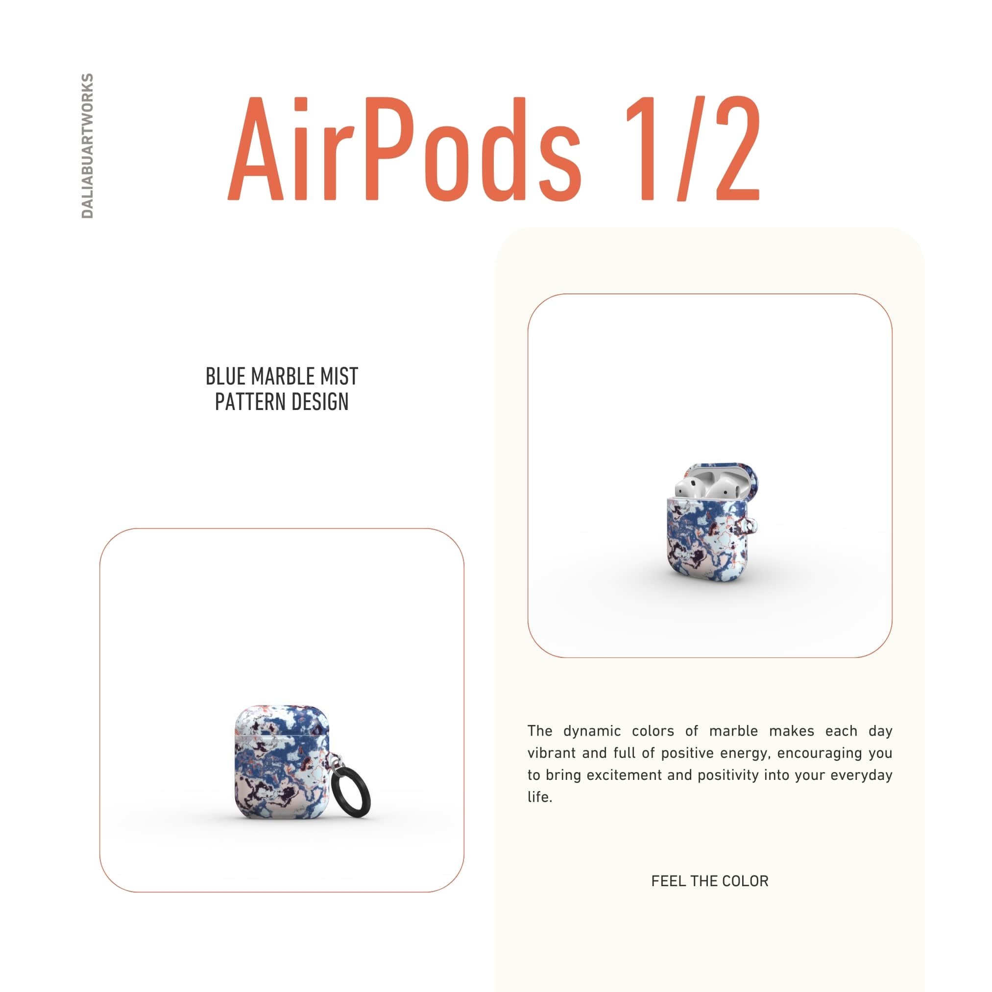 AirPods 1 and 2 tough case front view; Blue Marble Mist pattern, artistic, abstract marble pattern. Blue and pink color combination. Bold expressive aesthetic design. Colorful and interior fit. Elegant.