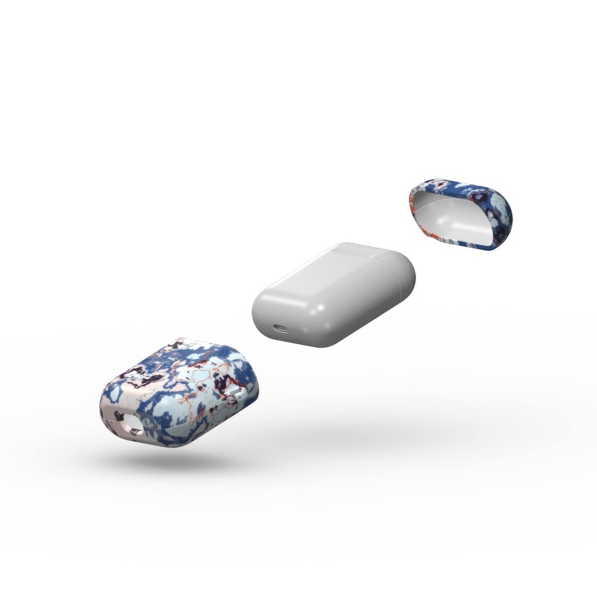 AirPods 1 and 2 tough case extend view; Blue Marble Mist pattern, artistic, abstract marble pattern. Blue and pink color combination.