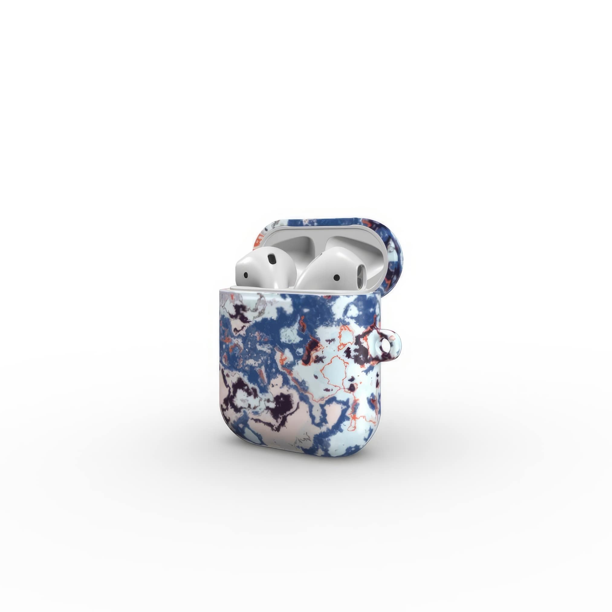 AirPods 1 and 2 tough case side open view; Blue Marble Mist pattern, artistic, abstract marble pattern. Blue and pink color combination.