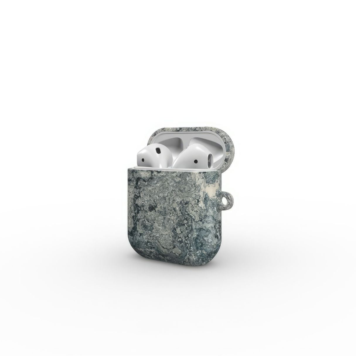 AirPods 1/2 gen case with a bold vivid pattern Blue Night Dusts abstract and artistic style, featuring an elegant and expressive aesthetic design. Main colors are blue and beige. Side view.