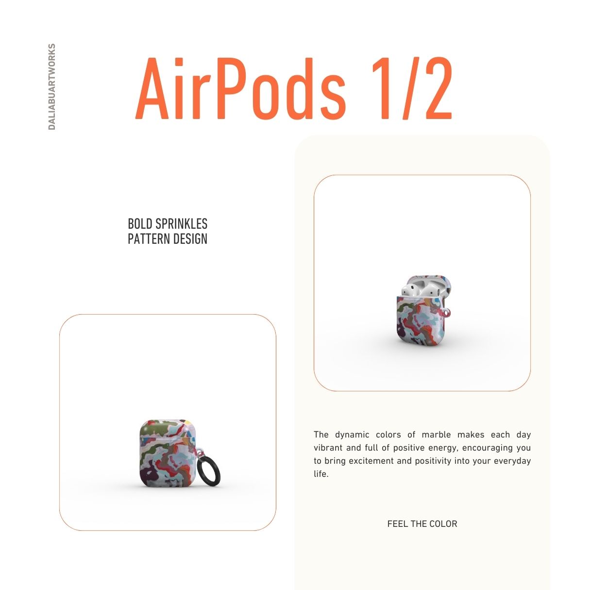AirPods 1/2 case front view; Bold Sprinkles pattern, artistic, abstract marble pattern. Mix color combination. Bold expressive aesthetic design. Colorful and interior fit. Elegant.