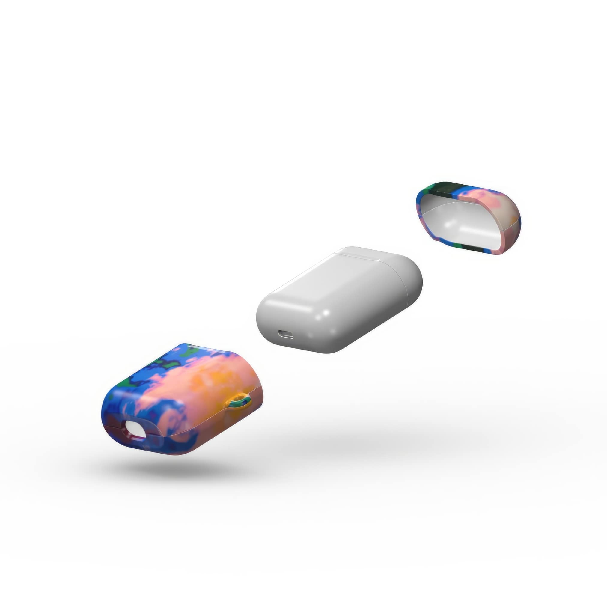 AirPods 1 and 2 tough case extend view; Brazil pattern, artistic, abstract marble pattern. Orange, green and blue color combination.