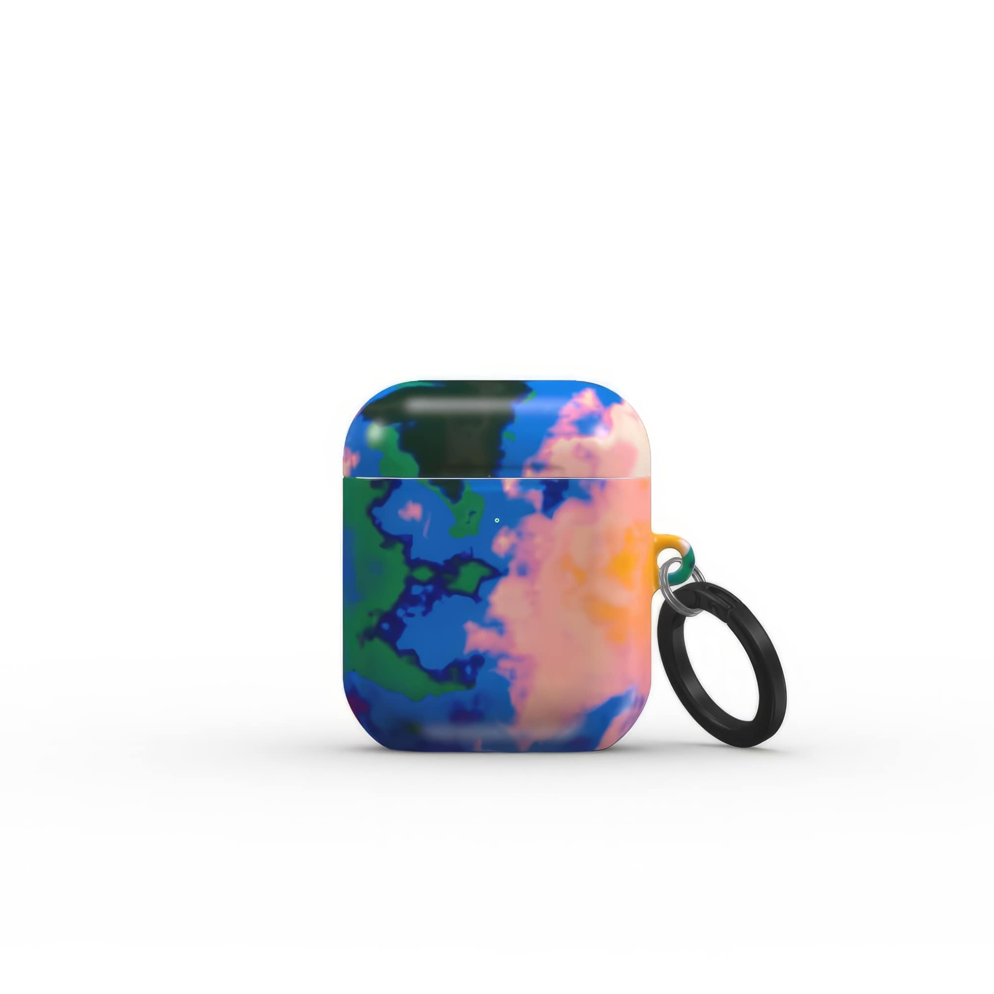 AirPods 1 and 2 tough case closed front view; Brazil pattern, artistic, abstract marble pattern. Orange, green and blue color combination.