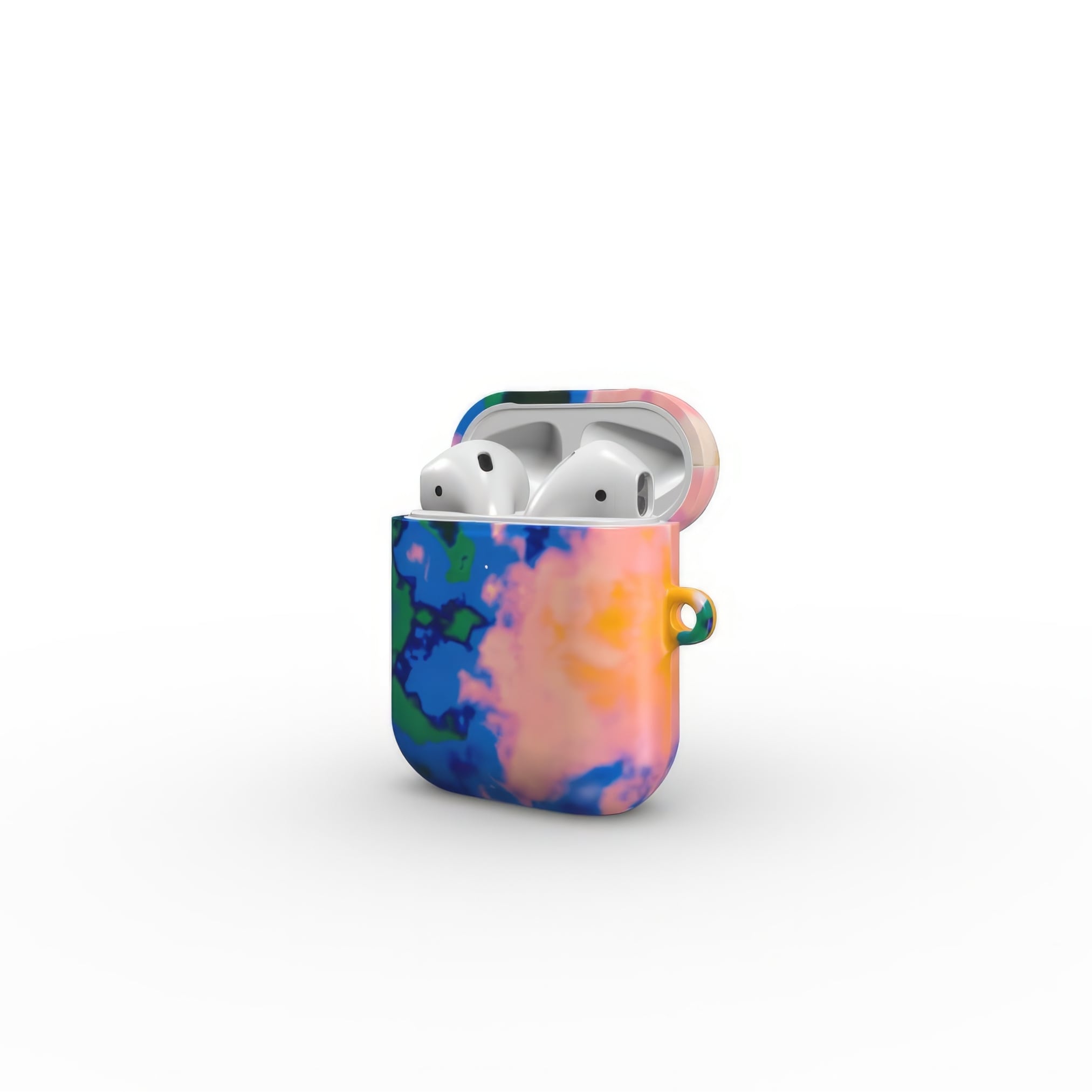 AirPods 1 and 2 tough case side open view; Brazil pattern, artistic, abstract marble pattern. Orange, green and blue color combination.