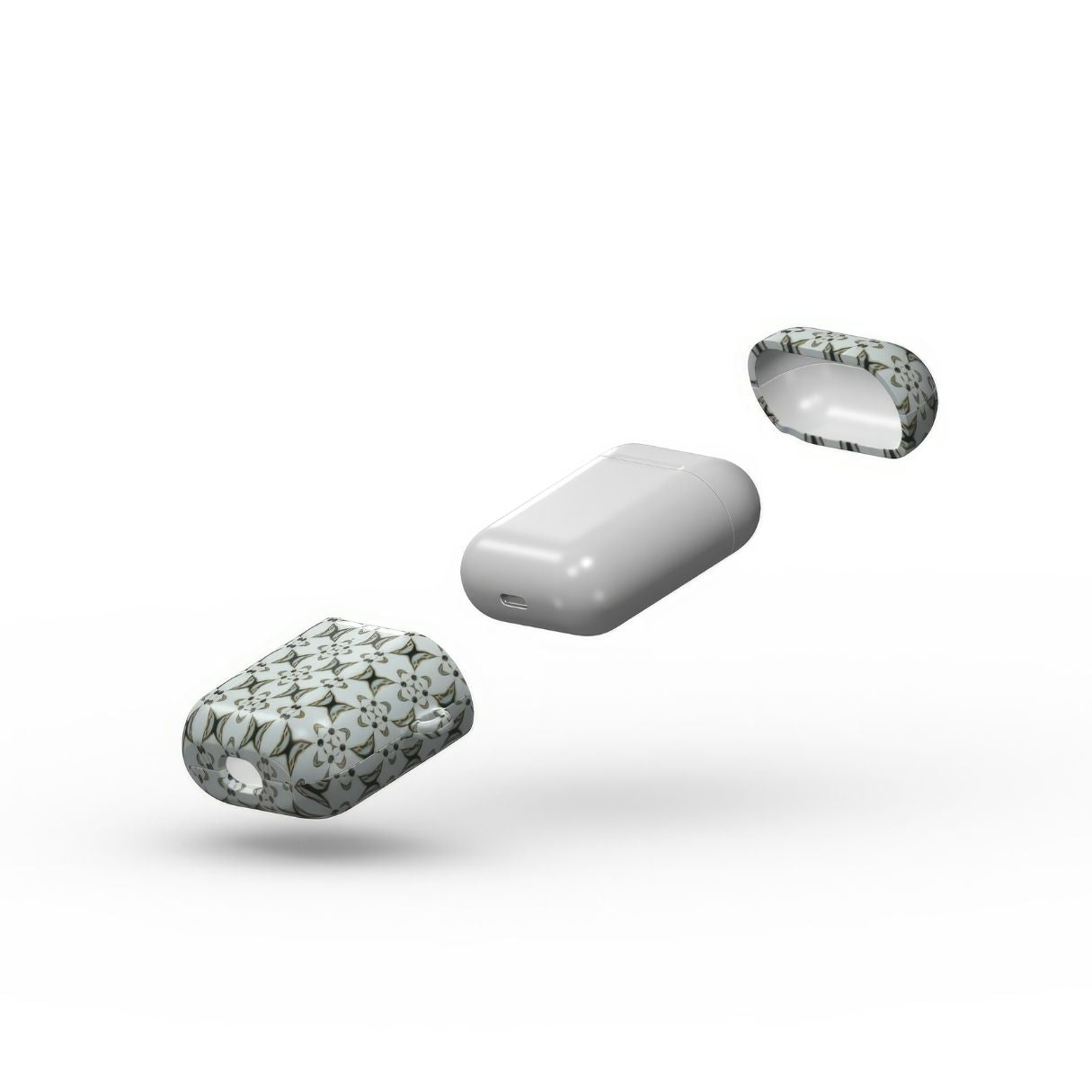 Apple AirPods 1/2 tough case ButterFly pattern design with a playful, bold expression of kaleidoscope form, featuring an elegant and expressive aesthetic design. Main color is light blue. Extend view.