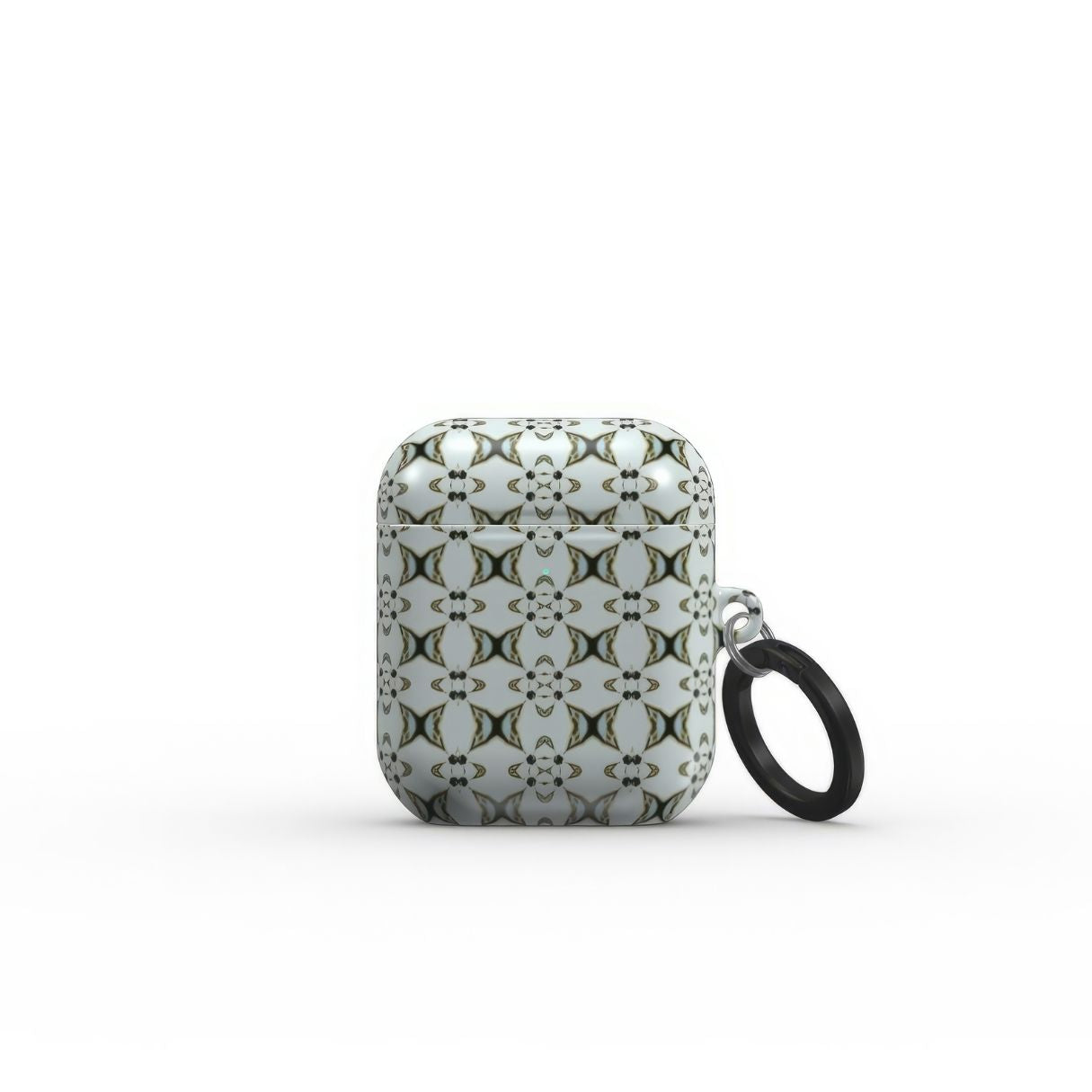 Apple AirPods 1/2 tough case ButterFly pattern design with a playful, bold expression of kaleidoscope form, featuring an elegant and expressive aesthetic design. Main color is light blue. Front view.