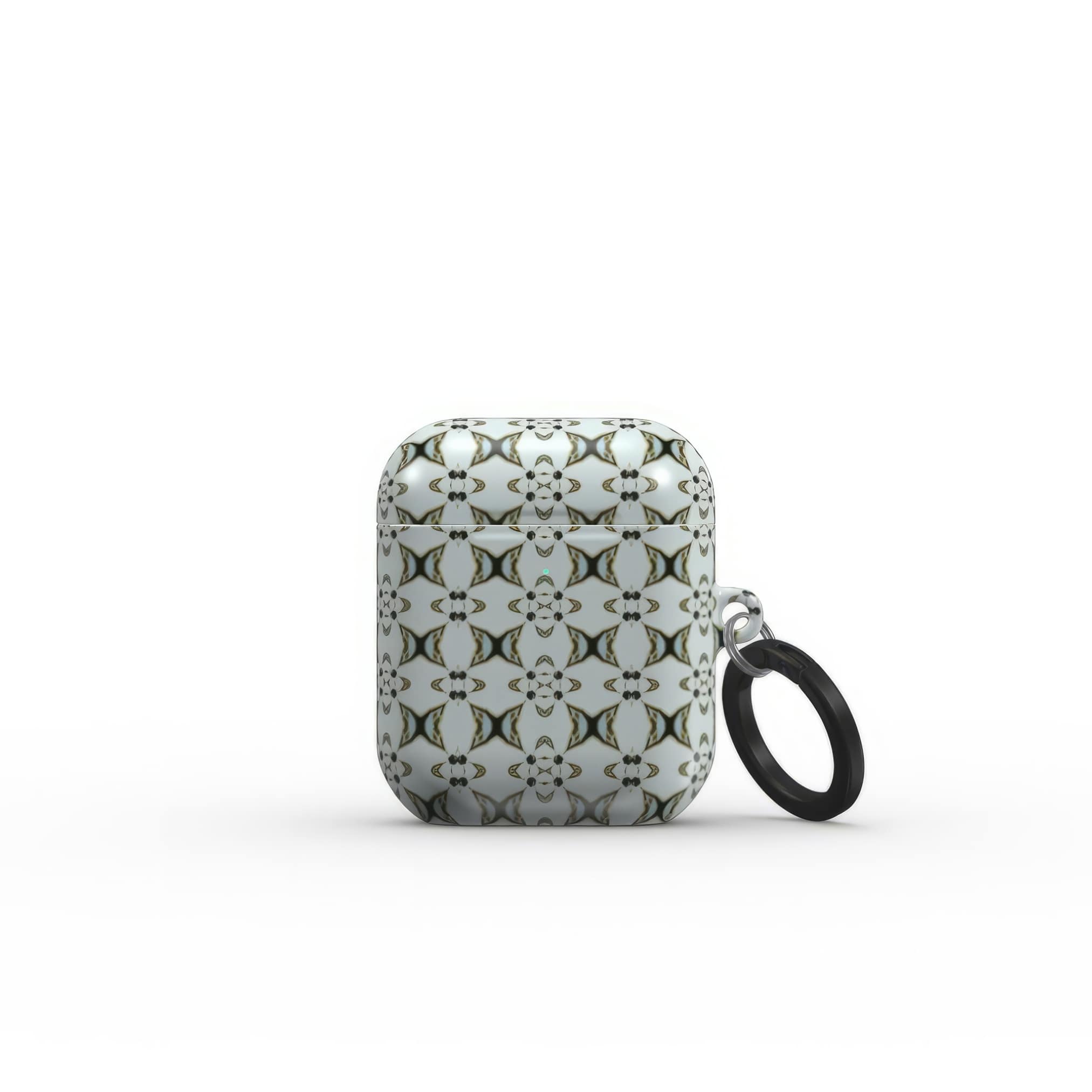 Apple AirPods 1/2 tough case ButterFly pattern design with a playful, bold expression of kaleidoscope form, featuring an elegant and expressive aesthetic design. Main color is light blue. Front view.