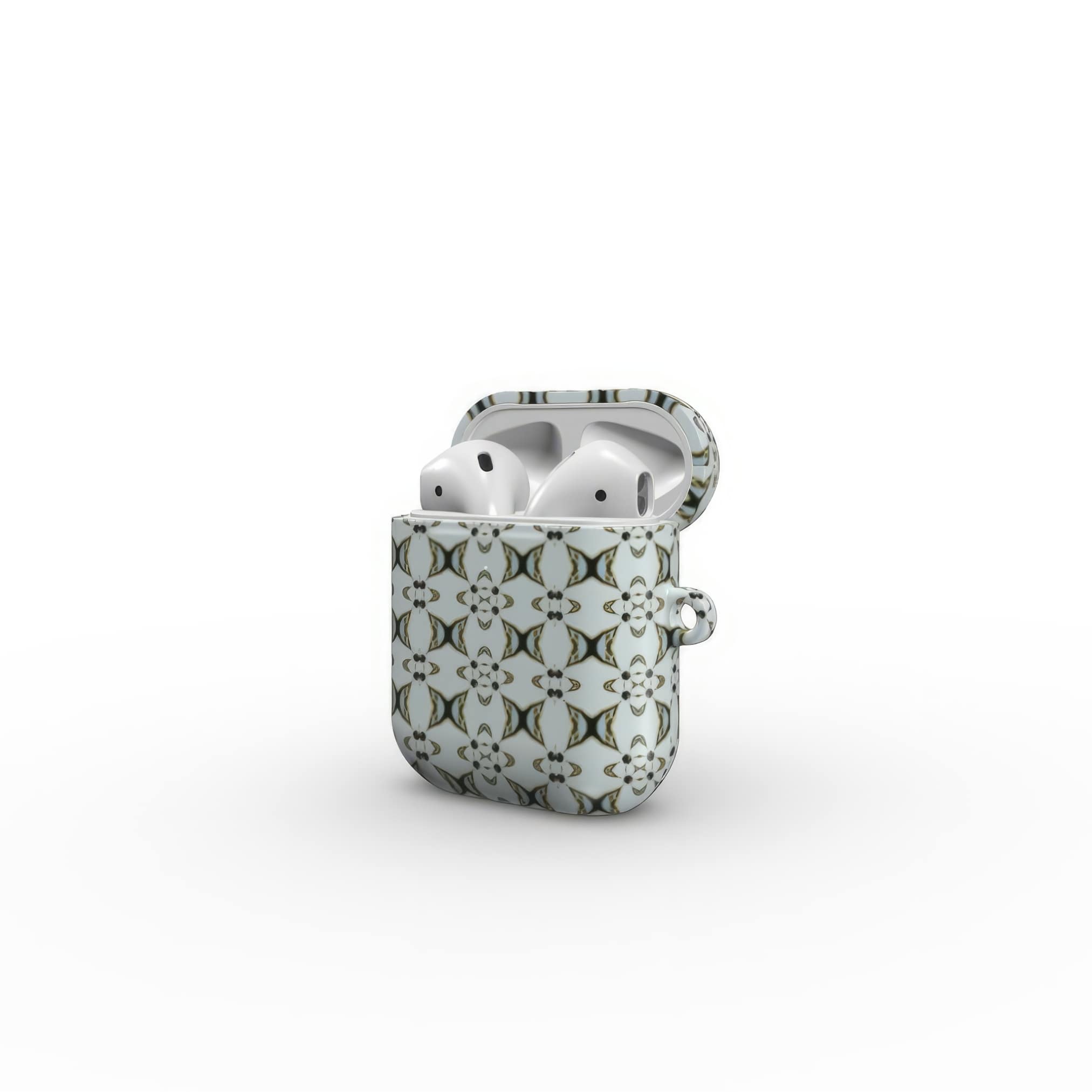 Apple AirPods 1/2 tough case ButterFly pattern design with a playful, bold expression of kaleidoscope form, featuring an elegant and expressive aesthetic design. Main color is light blue. Side open view.