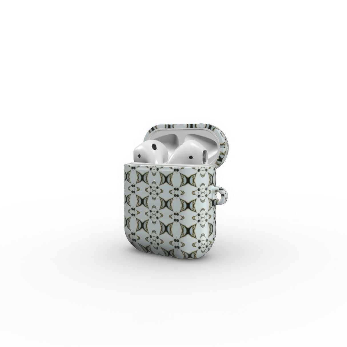 Apple AirPods 1/2 tough case ButterFly pattern design with a playful, bold expression of kaleidoscope form, featuring an elegant and expressive aesthetic design. Main color is light blue. Side view.