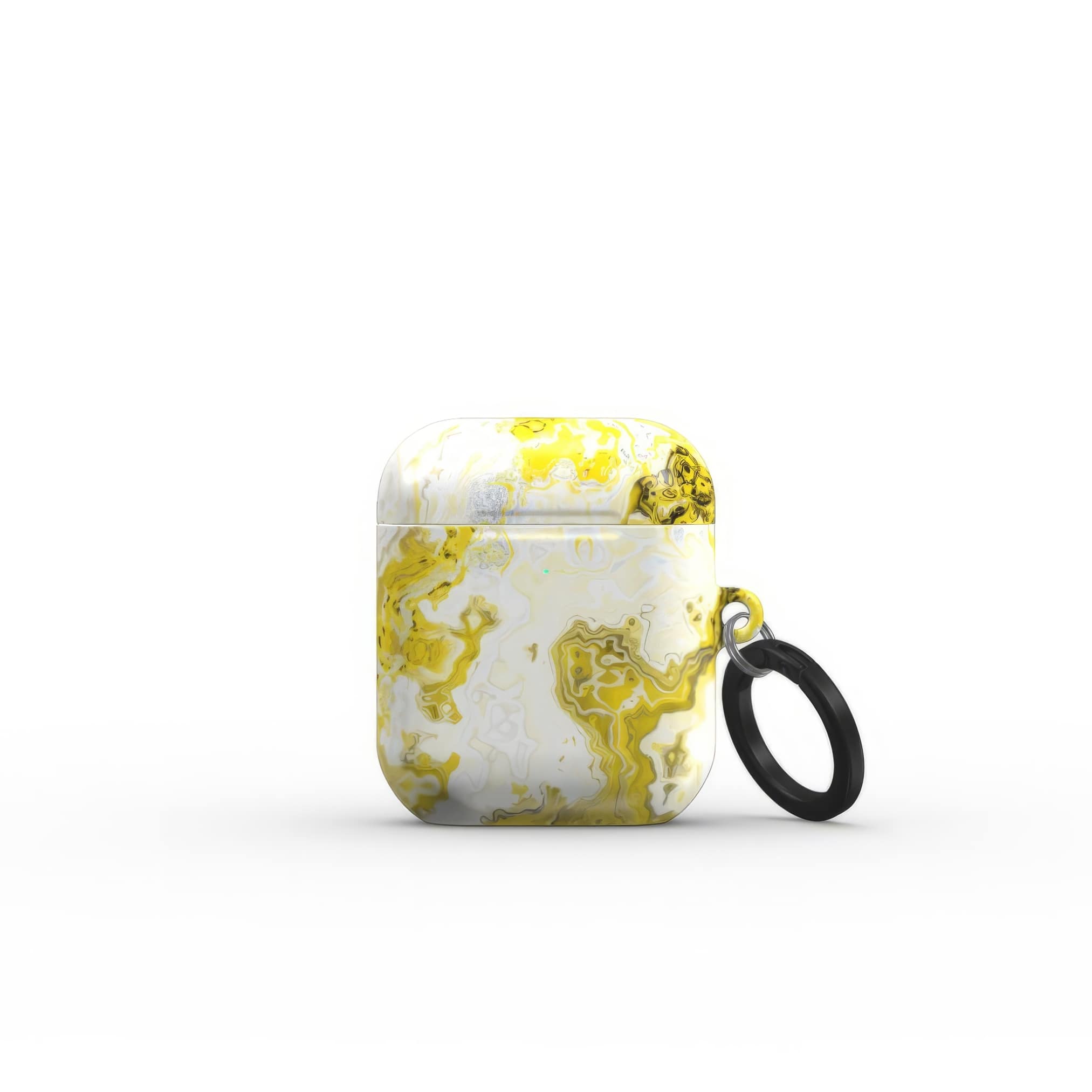 AirPods 1 and 2 tough case front view; Citron pattern, artistic, abstract marble pattern. White and yellow color combination. Bold expressive aesthetic design. Colorful and interior fit. Elegant.