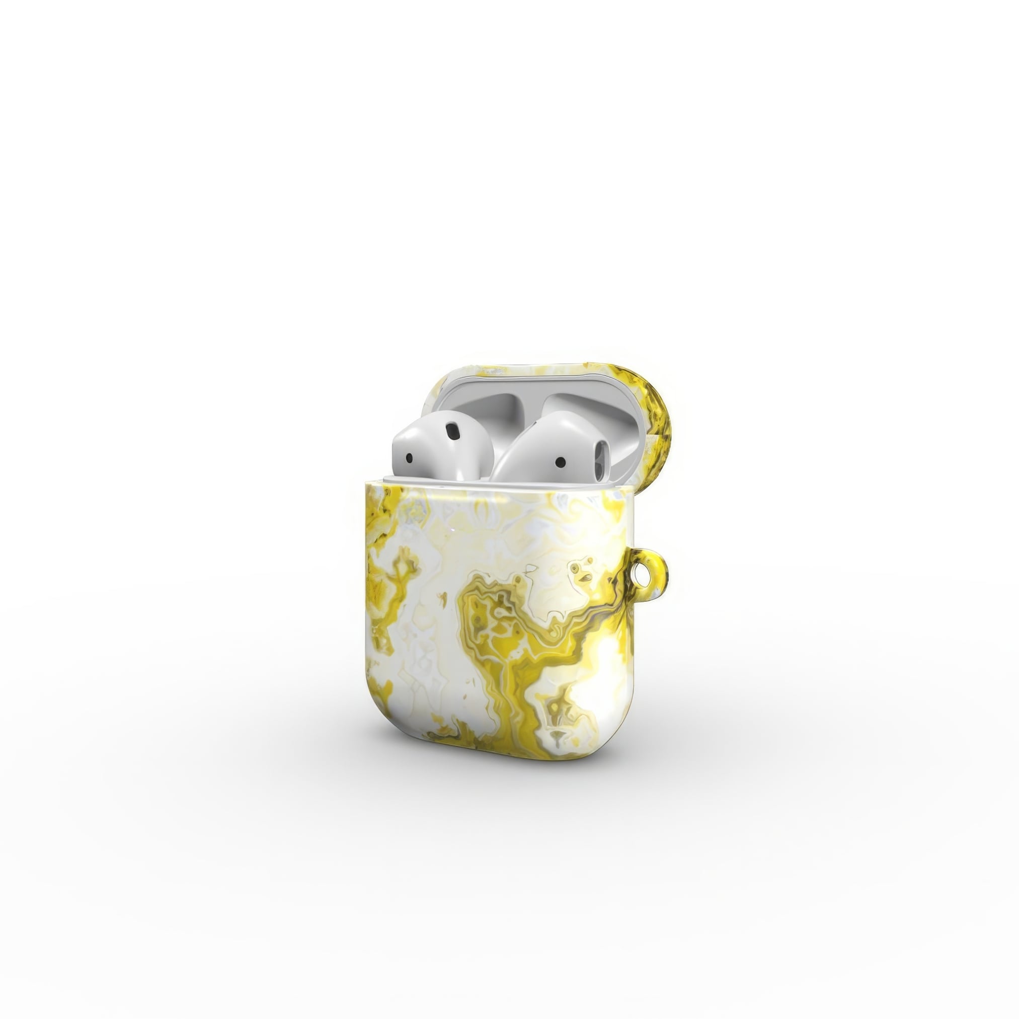 AirPods 1 and 2 tough case open side view; Citron pattern, artistic, abstract marble pattern. White and yellow color combination. Bold expressive aesthetic design. Colorful and interior fit. Elegant.
